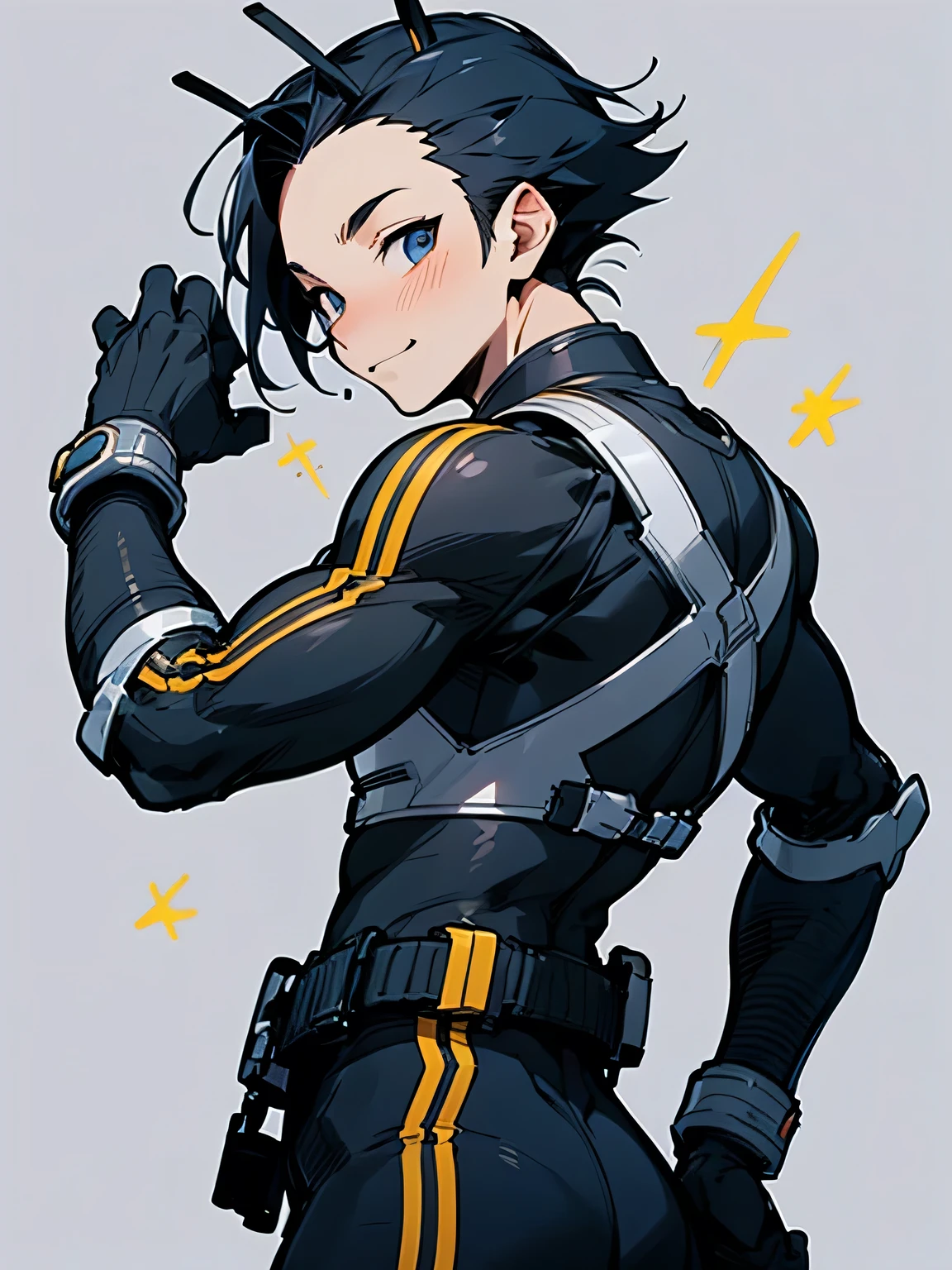 sideview,Alone,(looking at viewer:1.3),deep blue spiky hair,(ninja mask),male'eyes ,male's nose,male's mouth,muscle,forehead, Rider Belt,gloves, antennae,black bodysuit,bodysuit, ,belt, armor,action pose,white simple background,(manga style),(sketch),(illustration),