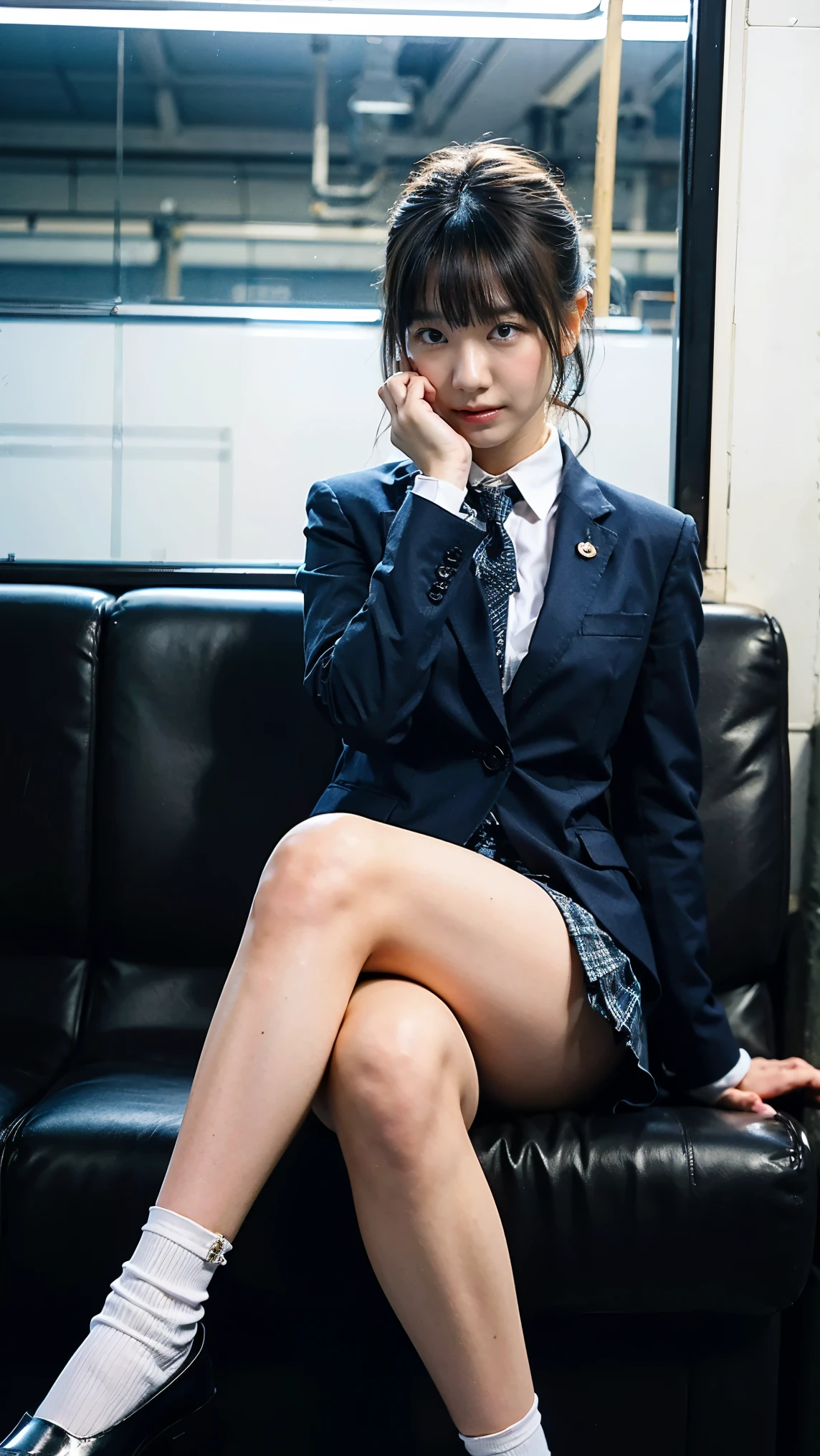 Masterpiece, High Resolution, Ultra High Resolution, 4K, Black bob Hair, bangs, Japanese Girl, Black Check Mini Skirt, High School Uniform, blazer, Navy Socks, loafers, Highlighted Thighs, White Thighs, Soft Thighs, Shiny Thighs, Sitting on Train, Face to Face Angle, Angle from Below, Sitting on Train Seat, Sitting in Front, Camera Zoom to Hip Joint, Feet on Train Floor, Full Body, Looking Down and Sleepy, Looking Only at the Viewer, Top Quality, Ultra High Resolution, Photorealistic, High Resolution, Detailed, Raw Photo, Sharp, Nikon Film Stock Photo, Lens Rich Colors, Ultra Realistic and Lifelike Textures, Dramatic Lighting, Unreal Engine, Moles