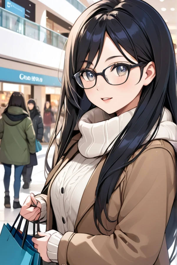 Black hair, long hair, glasses, winter clothes, shopping, shopping mall