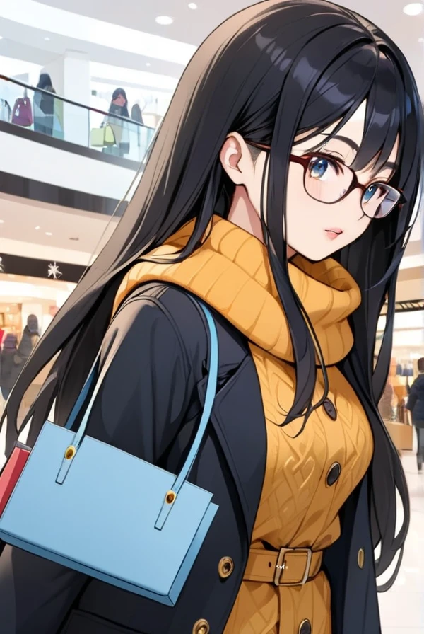 Black hair, long hair, glasses, winter clothes, shopping, shopping mall