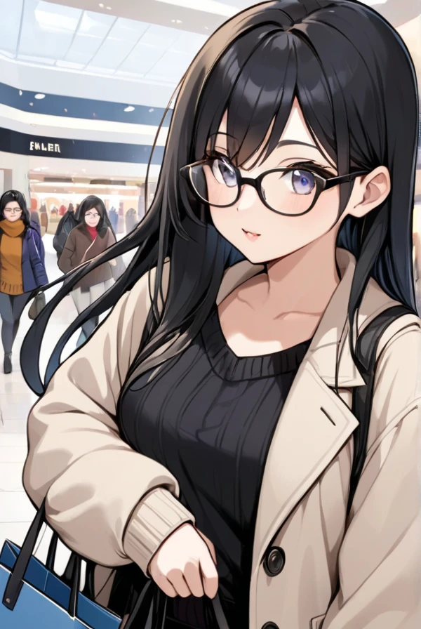 Black hair, long hair, glasses, winter clothes, shopping, shopping mall