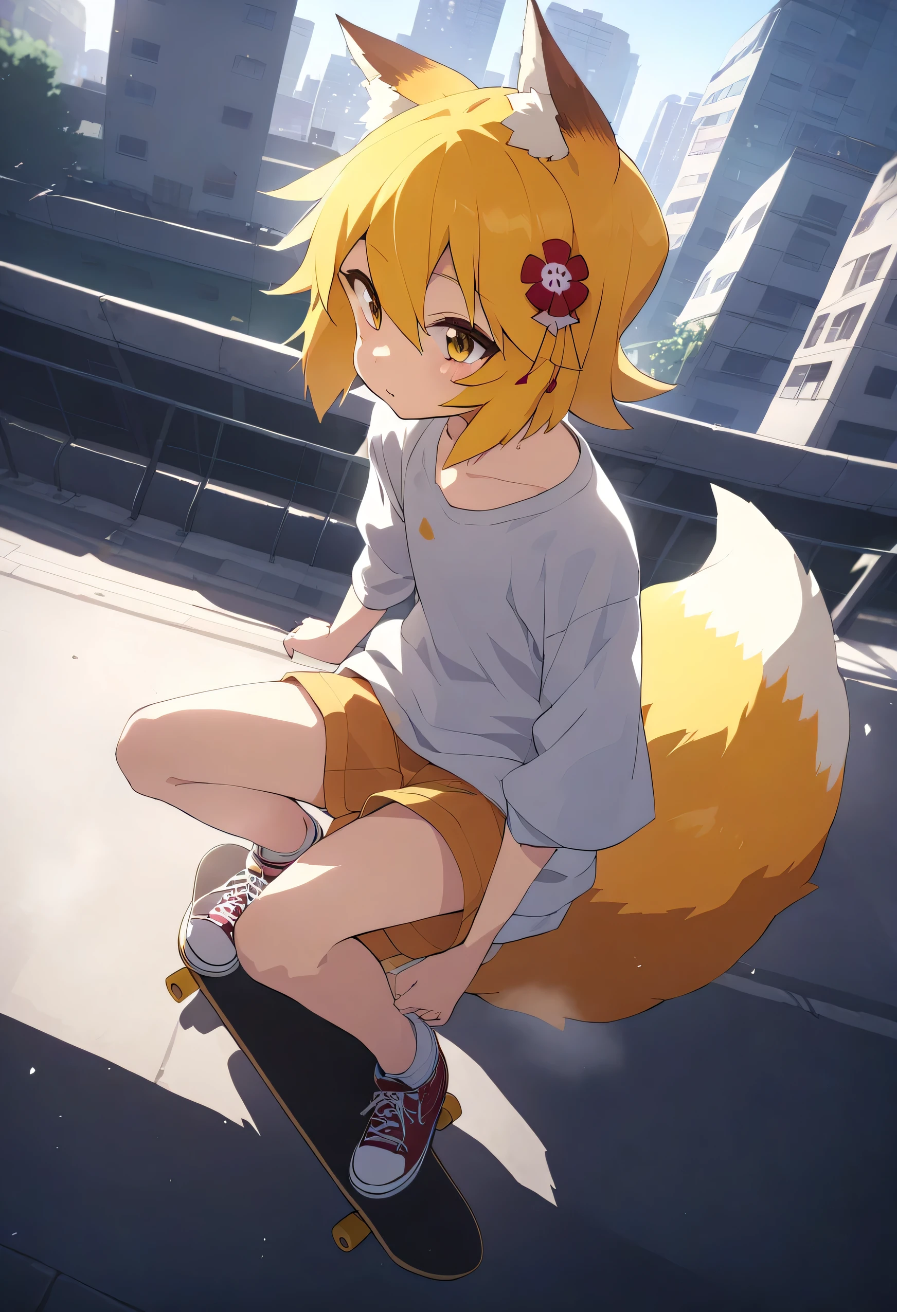 He's wearing cool skate fashion, jumping on a skateboard with a fox design against the backdrop of a street city.Cinematic angles, cinematic lighting, masterpiece, top quality
BREAK
sen, blonde hair, animal ears, fox ears, , animal ear hair, hair ornament, fox girl, hair flower, hair between the eyes, short hair, fox tail, tail, flat chest, yellow eyes, young girl,
