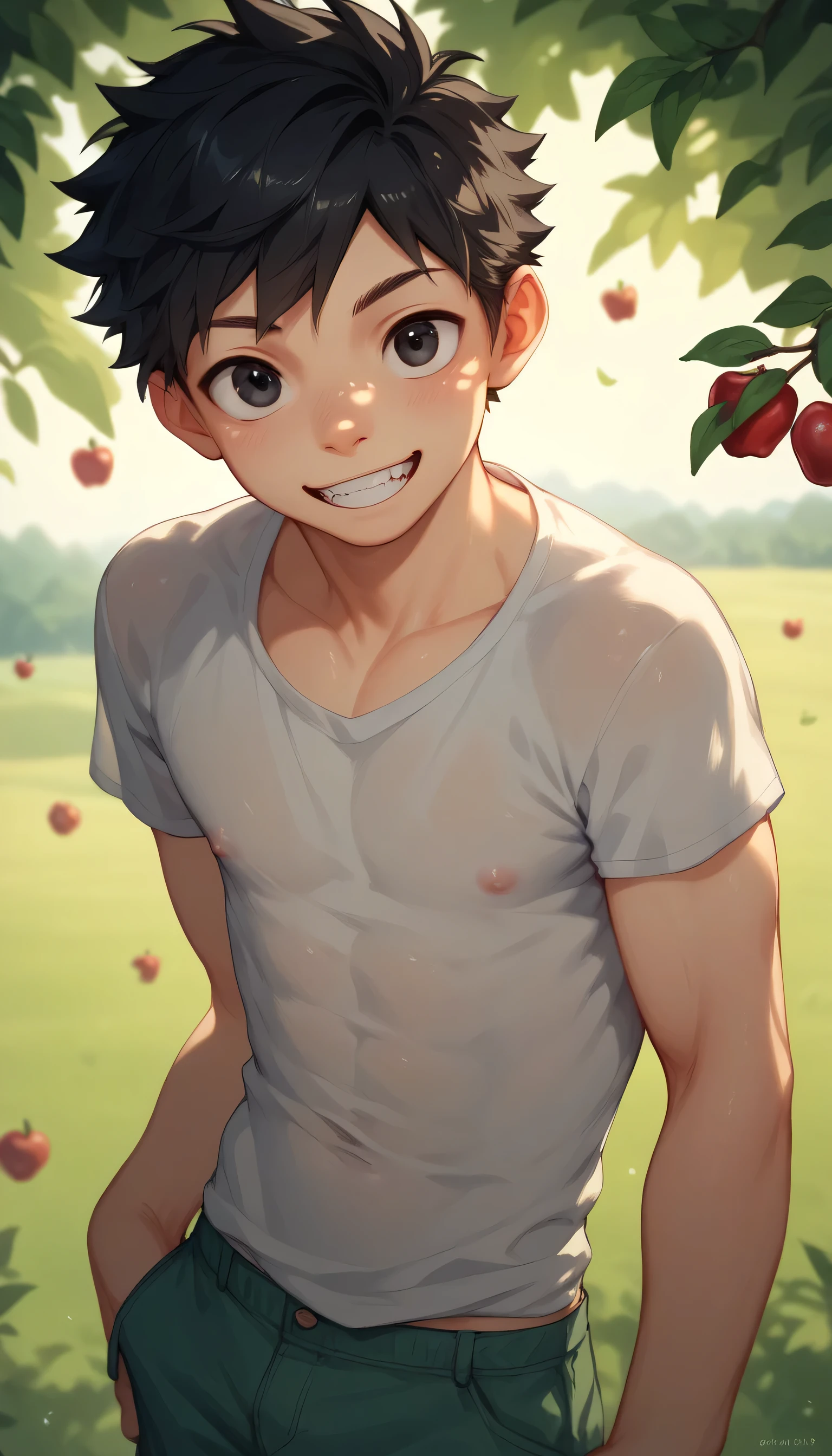 a handsome cute ****** young boy 3yr cool,messy black hair and black eyes,not wearing shirt,from front,in apple orchard,showing off his canine teeth,fullbody