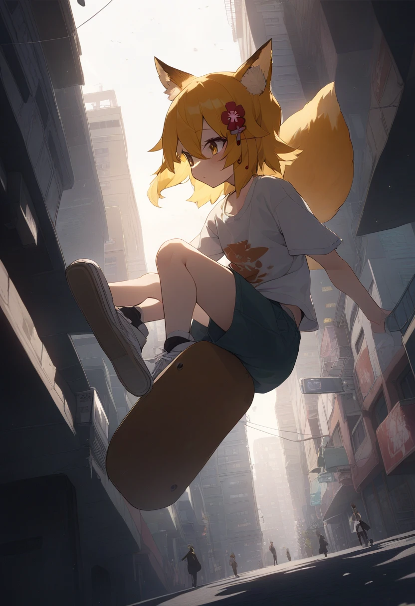 He's wearing cool skate fashion, jumping on a skateboard with a fox design against the backdrop of a street city.Cinematic angles, cinematic lighting, masterpiece, top quality Realistic skateboard
BREAK
sen, blonde hair, animal ears, fox ears, , animal ear hair, hair ornament, fox girl, hair flower, hair between the eyes, short hair, fox tail, tail, flat chest, yellow eyes, young girl,
