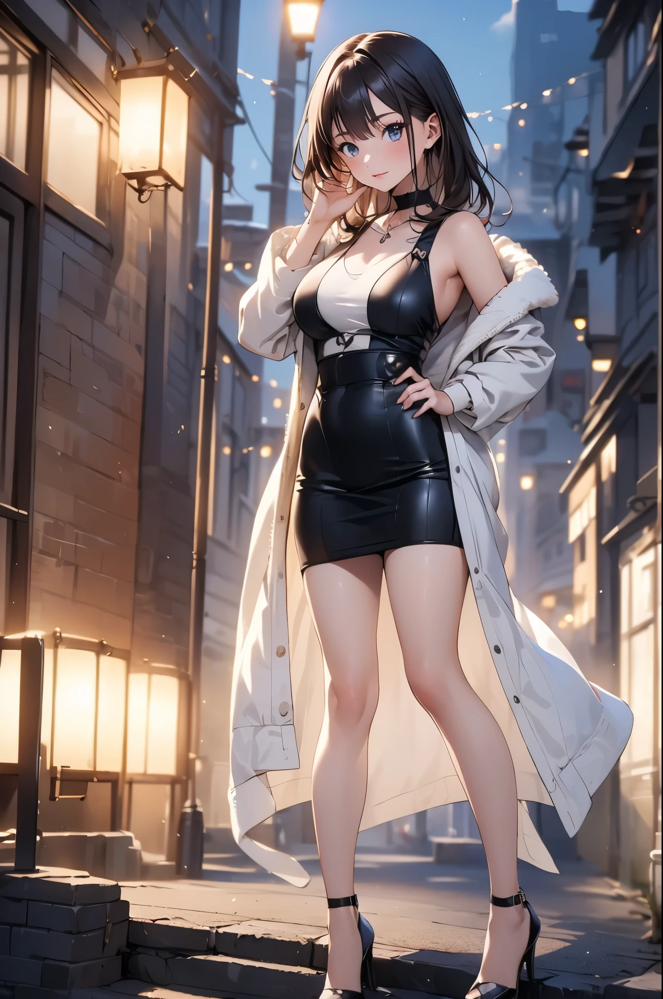 (masterpiece:2.2, best quality:4.0, beautiful, high quality, highres:4.1, aesthetic), detailed, extremely detailed, ambient soft lighting, 4K, perfect eyes, perfect face, perfect lighting, 1girl, bangs, black dress, black hair, breasts, covered navel, dress, fubuki \(one-punch man\), fur coat, green eyes, jewelry, large breasts, lips, looking at viewer, necklace, pearl necklace, short hair, simple background, solo, sweater, thighs, turtleneck, turtleneck dress. Fubuki One Punch Man usando um vestido preto e uma faixa em seus olhos