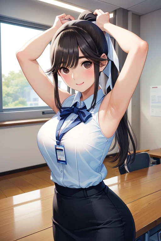 1girl, table humping, crotch rub, white shirt, pencil skirt, office, white panties, skirt lift, lanyard, table, lifting, multiple boys,suggestive fluid,, masterpiece, best quality, highly detailed