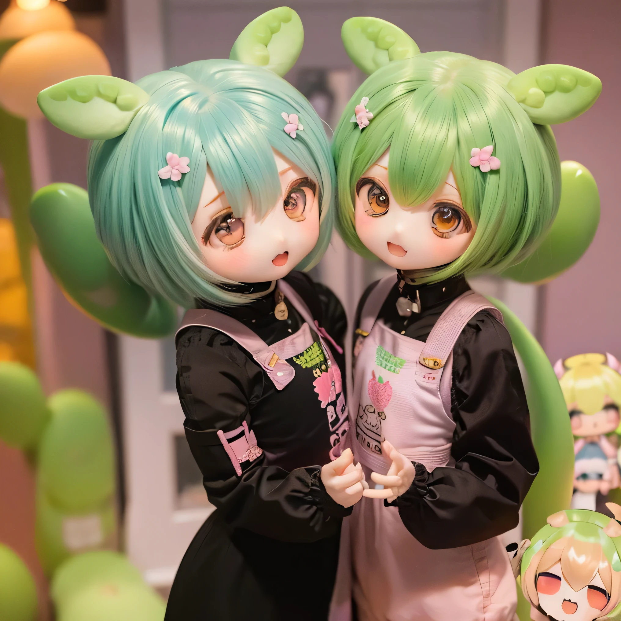   Green-haired Zundaman in cute pose(((((Chibi)))))play、(((Mother and daughter)))