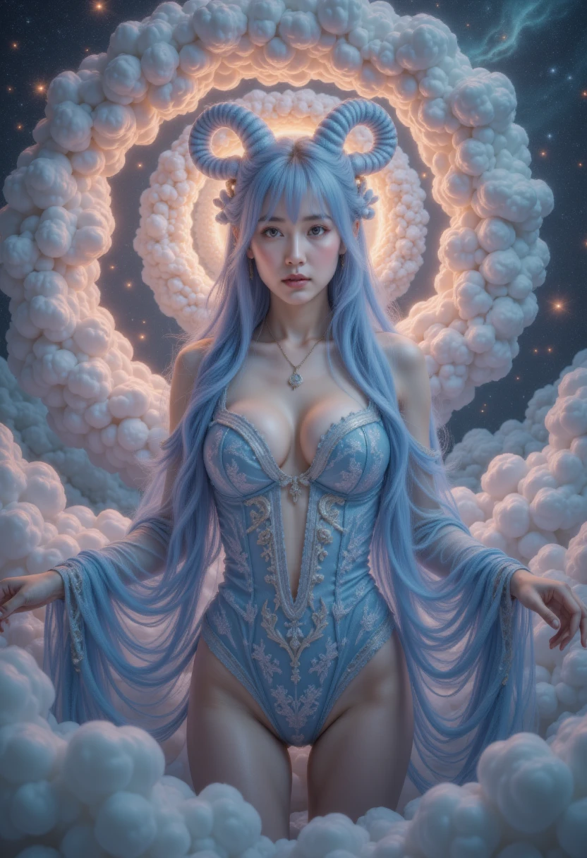 one lady， twilight ，Spiral Cloud，(Hyper-Reality:1.4)，" 1 Beautiful girl in traditional clothing , (( in a tight blue shiny suit :1.2)), 神奇的发Light套装, Beautiful cleavage, Long hair with bangs, Light blue mixed with white, (( the most beautiful and fine hair accessories :1.8)), , super cute little face, extremely beautiful face ,  with two beautiful galaxy blue horns on her head,   slim eyebrows  ,  the most beautiful and flawless face , (( dark eyes :0.8)),  Very Beautiful Eyes , ((Silvery-brown eyes:1)),  eyeshadow, sexy and charming , , furry, beautiful and detailed makeup eyelashes , , Well-balanced limbs , High nose, earrings,Thin lips, Light red lips, laughing prohibited,  Beautiful lips ,  slim arms , Most beautiful legs , (( arms extended to the sides : 1.5)), Healthy extremities, ruddy face, Cleansing the face, A flawless beautiful face, Light滑的白皙肌肤, (( the two breasts are very round and plump : 1.6)), (( put the girl's arms behind her :1.7)),  a beautiful girl's full body , 8K photo, super  high quality,  Ultra-realistic , 10x Super Pixels, 实际photo,  Dark Studio, border Light, two-tone Lighting color, ( Highly detailed skin : 1.2), 8K ultra, soft Light,  high quality, volumetric Light, reality, photo,  high res, Light, 最佳photo, 4K quality, 8K, Bokeh, Light滑锋利, 10x pixelation, (Galaxy Background: 1.7), 极Light, Lightning, Super Graphics,  most realistic graphics ,  unique ,  unique , ((Frontal portrait:1.6)), Extremely sharp, Hyper-Reality主义图像."