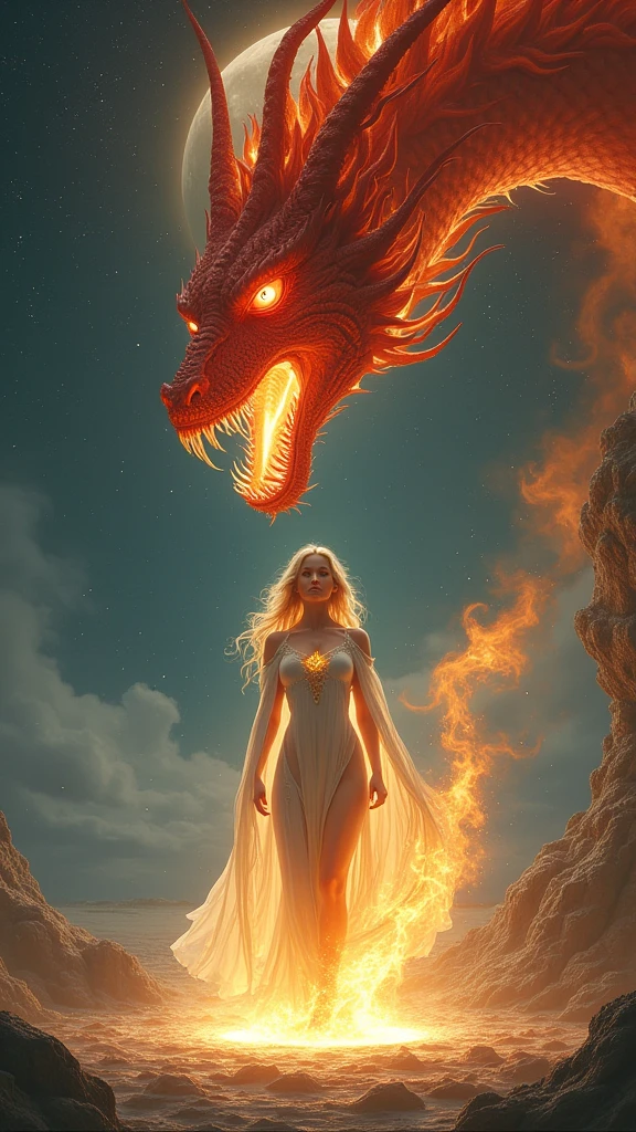 by Boris Vallejo, beautiful middle age woman, sitting on bed, long blond hair, indoors, soft lighting,fire dragon in background, sunlight, ruined crashing room, relaxed pose, oil painting, intricate details, warm colors, by Boris Vallejo, skin fantasy dress off top,
