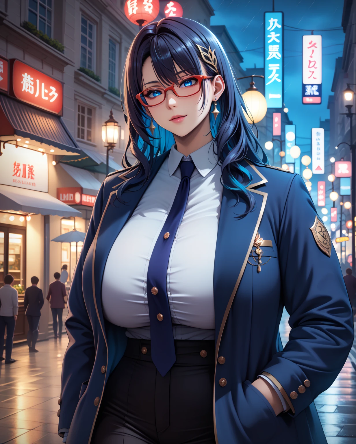  a beautiful girl standing in the city on a rainy night, detailed Eye looking at the viewer,  Hand in pocket , Wearing a coat,whole body, ( best quality ,4K,8K, high res,masterpiece:1.2),Super Fine,( movie lights, Dramatic atmosphere , bright colors ,Moody,细致的面部特征,beautiful Eye,Intricate details,atmosphere,striking,  blue_Eye, Long_hair, black_hair,Half box_ glasses, hair_ ornament , cover_Umbilical cord, Red Framed _ glasses,  blue_hair, Multicolor_hair,  bangs, whole body， huge breasts 