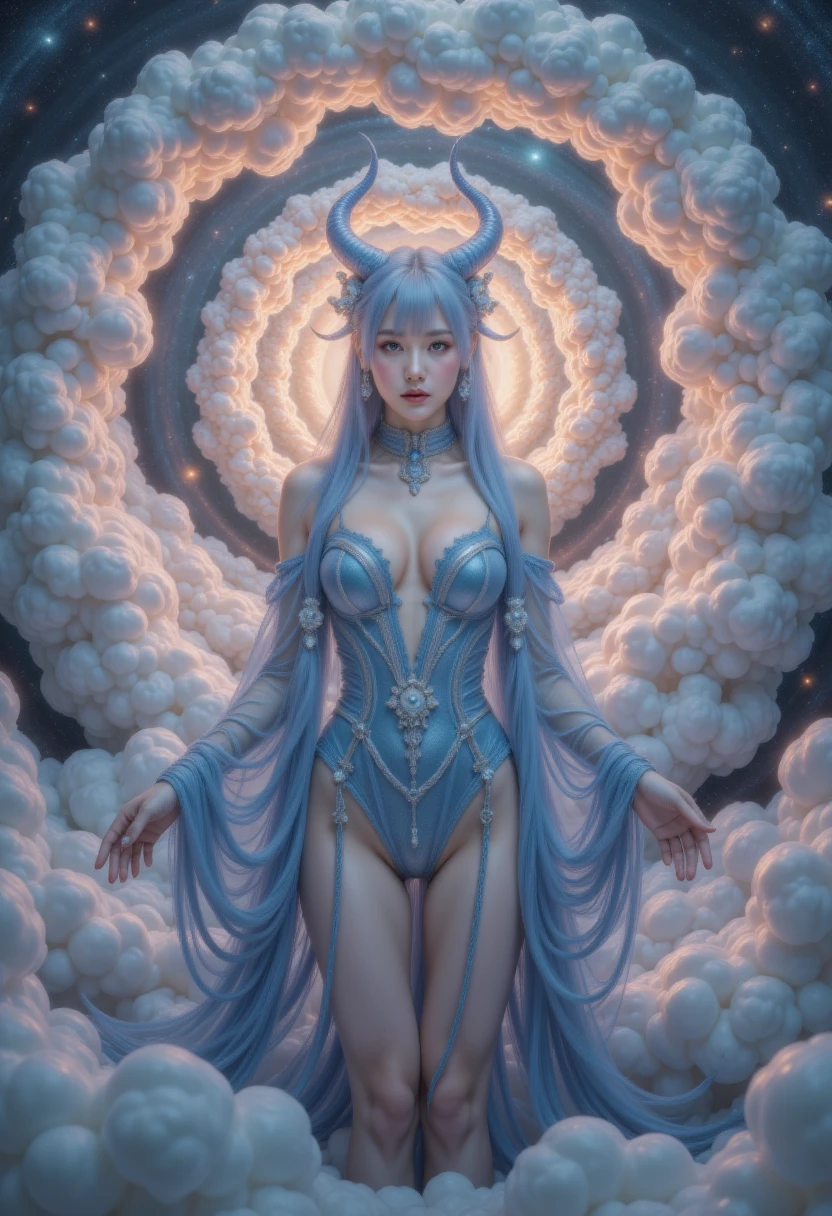 one lady， twilight ，Spiral Cloud，(Hyper-Reality:1.4)，" 1 Beautiful girl in traditional clothing , (( in a tight blue shiny suit :1.2)), 神奇的发Light套装, Beautiful cleavage, Long hair with bangs, Light blue mixed with white, (( the most beautiful and fine hair accessories :1.8)), , super cute little face, extremely beautiful face ,  with two beautiful galaxy blue horns on her head,   slim eyebrows  ,  the most beautiful and flawless face , (( dark eyes :0.8)),  Very Beautiful Eyes , ((Silvery-brown eyes:1)),  eyeshadow, sexy and charming , , furry, beautiful and detailed makeup eyelashes , , Well-balanced limbs , High nose, earrings,Thin lips, Light red lips, laughing prohibited,  Beautiful lips ,  slim arms , Most beautiful legs , (( arms extended to the sides : 1.5)), Healthy extremities, ruddy face, Cleansing the face, A flawless beautiful face, Light滑的白皙肌肤, (( the two breasts are very round and plump : 1.6)), (( put the girl's arms behind her :1.7)),  a beautiful girl's full body , 8K photo, super  high quality,  Ultra-realistic , 10x Super Pixels, 实际photo,  Dark Studio, border Light, two-tone Lighting color, ( Highly detailed skin : 1.2), 8K ultra, soft Light,  high quality, volumetric Light, reality, photo,  high res, Light, 最佳photo, 4K quality, 8K, Bokeh, Light滑锋利, 10x pixelation, (Galaxy Background: 1.7), 极Light, Lightning, Super Graphics,  most realistic graphics ,  unique ,  unique , ((Frontal portrait:1.6)), Extremely sharp, Hyper-Reality主义图像."