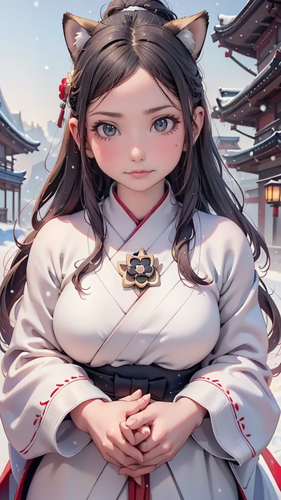 masterpiece、High resolution 8K、NSFW、sharp focus、contrast lighting、fine skin、 ultra high resolution、ultra high resolution、Detailed CG、snow scene at night、lantern noon、Moonlight night、It&#39;s snowing、Former shrine of Japan、temple、temples、Landscape with shrine torii gate - Angle、full body shot、Beautiful woman、beautiful eyes、(detailed face and iace:1 2)、narrow eyes、almond eye、brown eyes、gradation eye、highlight:1.2)、(beautiful black hair、middle、asymmetrical bangs、twin tails)、(japanese shrine maiden costume、、White coat on top、The bottom is a red hakagi)、(plump lips、glossy lips、small chest size) 、(oval face : 1.4)、(thin fingered arms、detailed human hand)、half-open smile、teeth visible、long shot