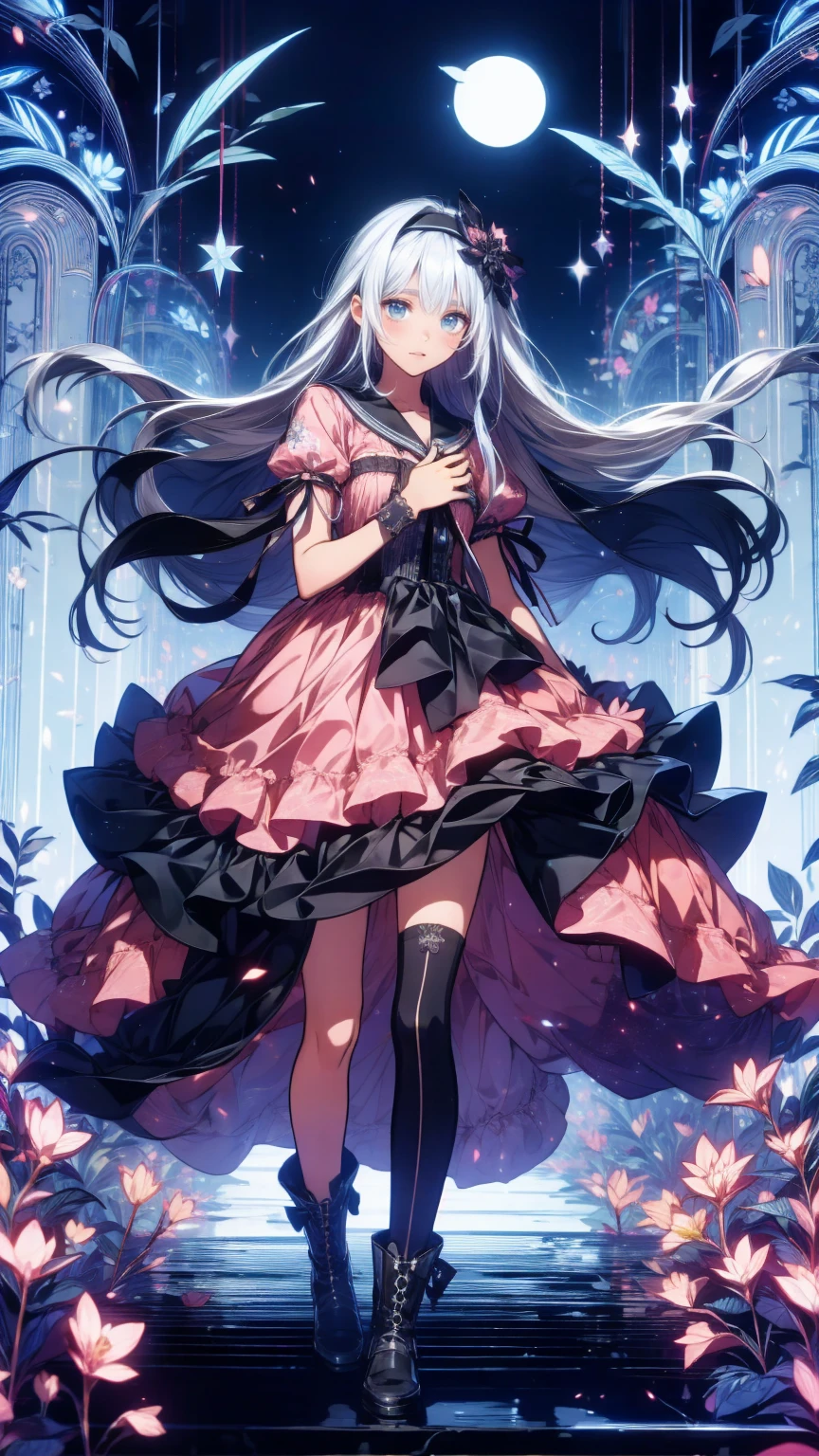  Anime Style、story、、   pretty girl 、とてもcute天使、  pink gothic dress  、cute、baby face、smile、  Long Skirt 、   black boots 、Very cute headband
