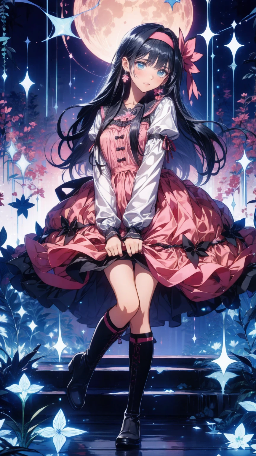  Anime Style、story、、   pretty girl 、とてもcute天使、  pink gothic dress  、cute、baby face、smile、  Long Skirt 、   black boots 、Very cute headband
