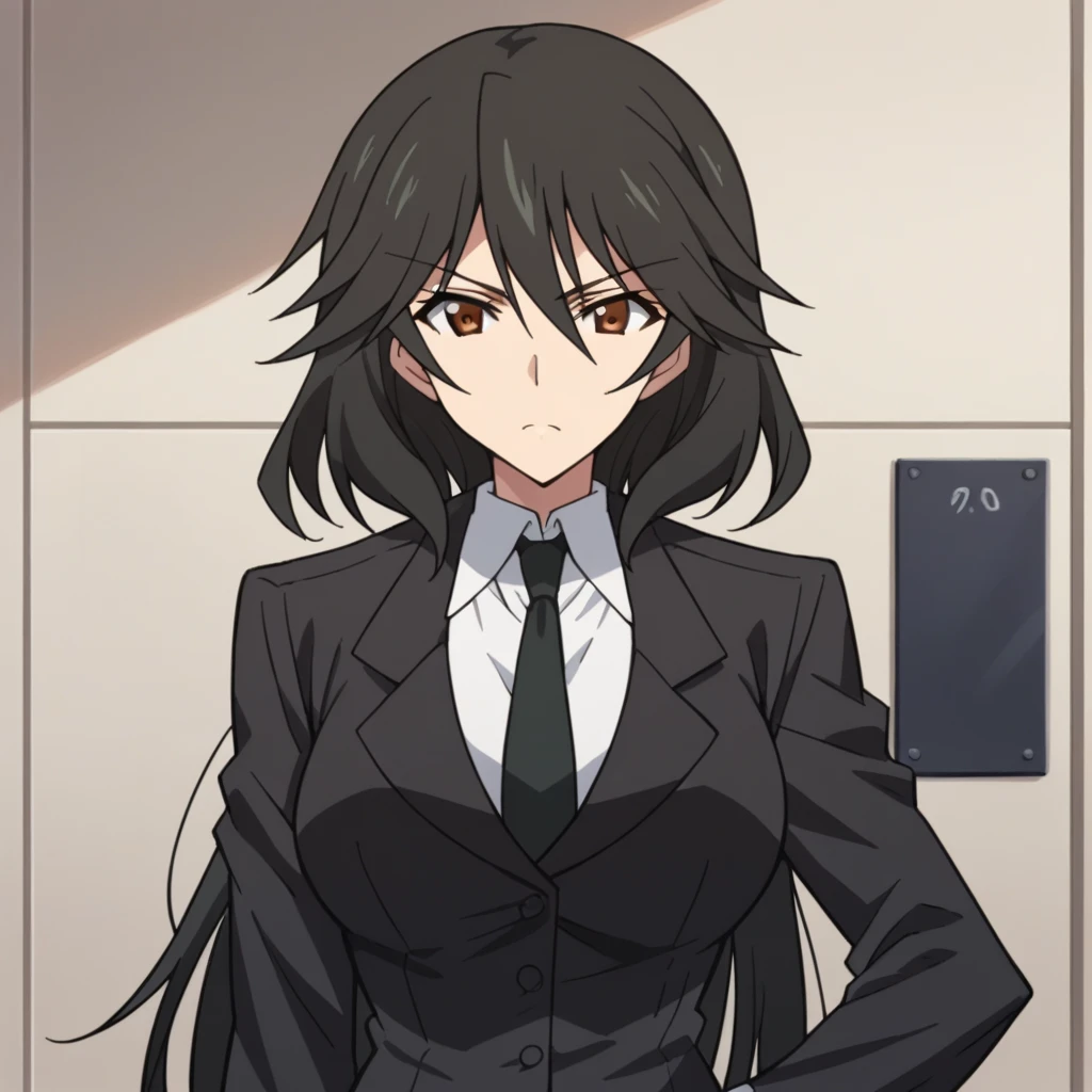 Orimura&#39;Pet, Long Hair, bangs,  black hair,  hair between eyes,  Brown Eyes ,
 skirt,  shirt,  Long Sleeve ,  jacket, white  shirt, tie, black  skirt, black  jacket, formal, suit, black tie, pencil  skirt,  skirt suit,Big Breasts　　wilderness　evening　