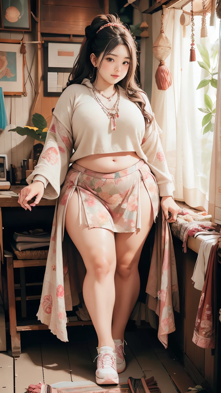 Full body photo, 1 girl, Japanese woman, very shy expression, blush, long hair up to the waist, fluffy curly hair, high-long white hoodie, lace gauze skirt, red sneakers, simple ring on the left ring finger, large diamond necklace, round face, double chin, slightly obese figure, large size, overweight, kirvey model, navel exposed  Put her weight on her belly, looking at the camera, darkroom, walking, floral skirt, bohoai