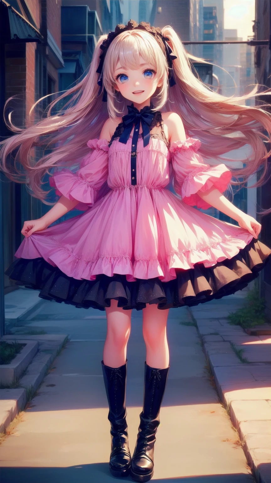  Anime Style、story、、   pretty girl 、とてもcute天使、  pink gothic dress  、cute、baby face、smile、  Long Skirt 、   black boots 、Very cute headband
