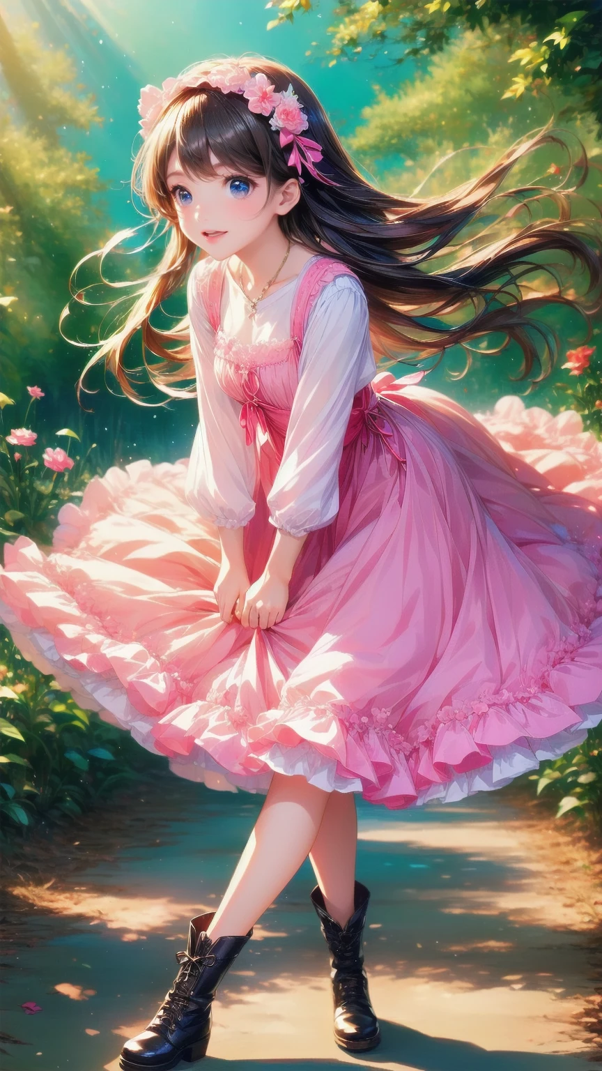  Anime Style、story、、   pretty girl 、とてもcute天使、  pink gothic dress  、cute、baby face、smile、  Long Skirt 、   black boots 、Very cute headband
