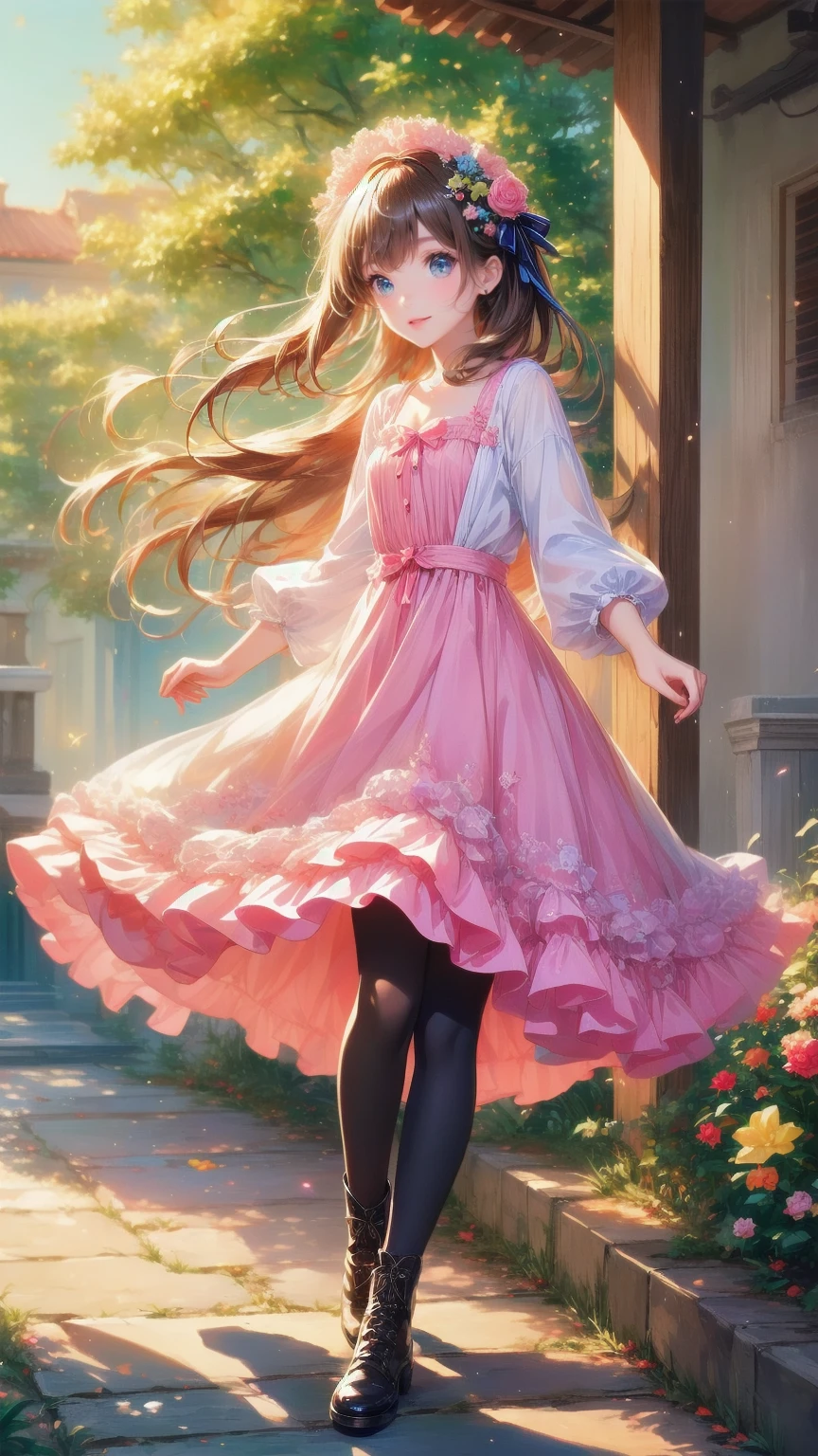  Anime Style、story、、   pretty girl 、とてもcute天使、  pink gothic dress  、cute、baby face、smile、  Long Skirt 、   black boots 、Very cute headband
