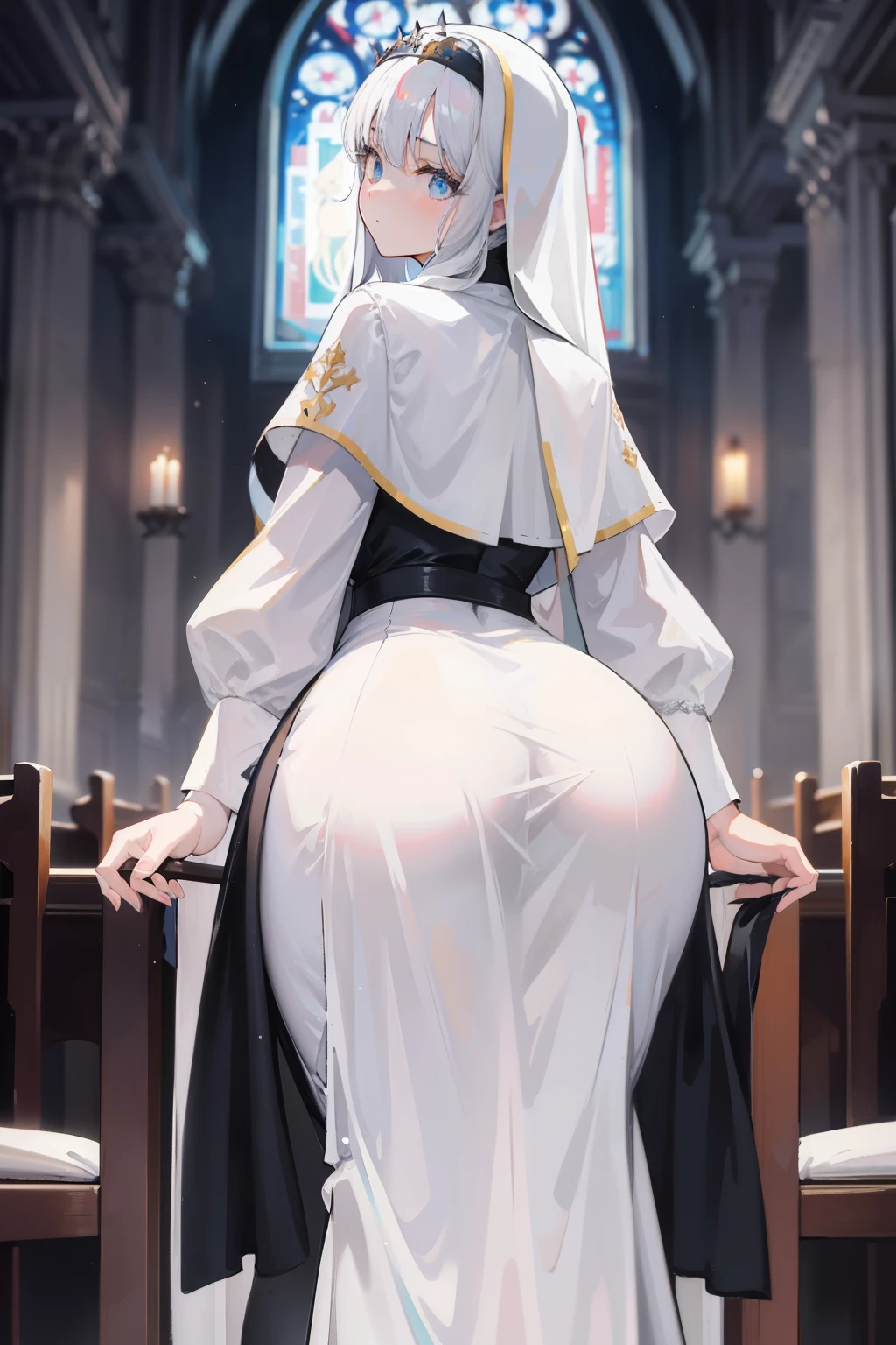 masterpiece, best quality, highres, aasister, long hair, nun, habit, white capelet, neck ribbon, (black short dress:1.2), long sleeves, white gloves, full-length zipper, church, indoors, standing,ass,from back,,looking viewer,smile,(((,nsfw)))