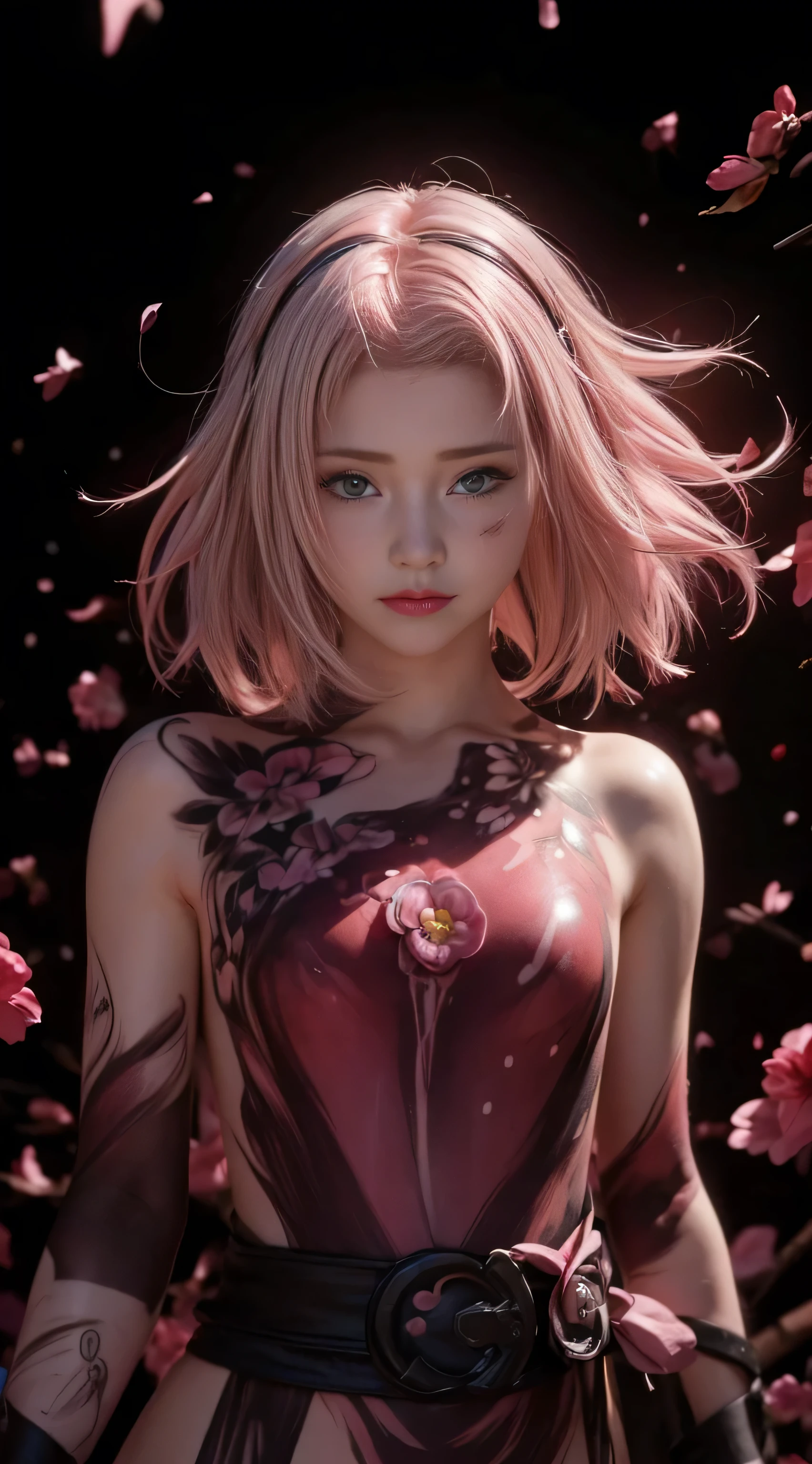 masterpiece, absurdres, sakura\(boruto\), 1girl, solo,mature female,  (revealing torn clothes, torn clothes:1.3), looking at viewelling petals), perfect composition, detailed lips, big breast, beautiful face, body propotion, blush, (pink lips), long pink hair, hair over shoulder, Green-eyed, soft gaze, super realistic, detailed, photoshoot, realistic face and body, standing