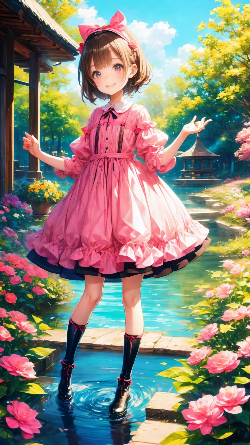  Anime Style、story、、   pretty girl 、とてもcute天使、  pink gothic dress  、cute、baby face、smile、  Long Skirt 、   black boots 、Very cute headband
