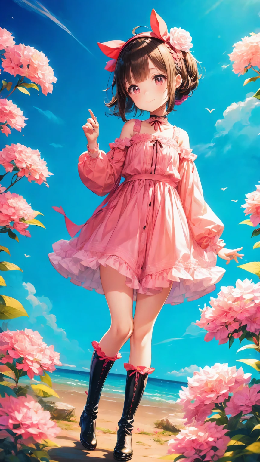  Anime Style、story、、   pretty girl 、とてもcute天使、  pink gothic dress  、cute、、smile、  Long Skirt 、   black boots 、Very cute headband
