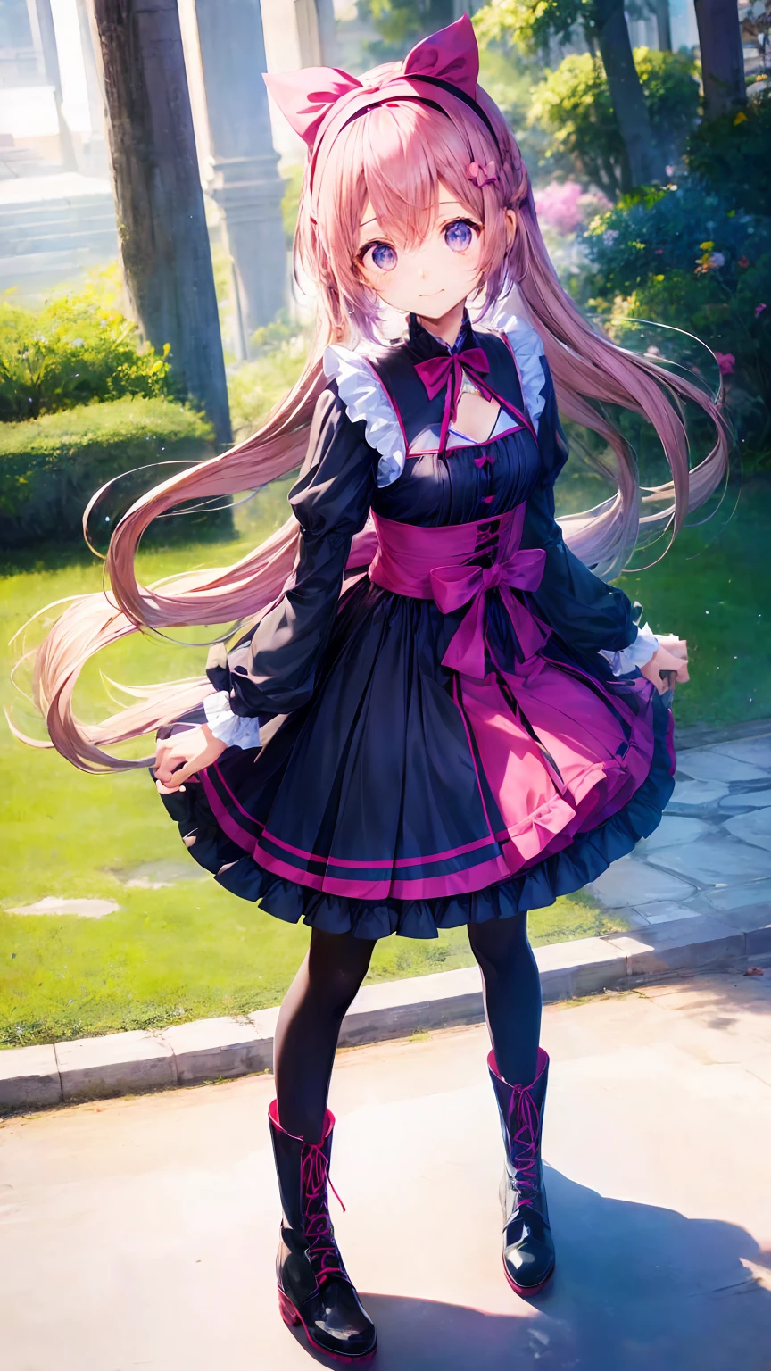  Anime Style、story、、   pretty girl 、とてもcute天使、  pink gothic dress  、cute、、smile、  Long Skirt 、   black boots 、Very cute headband
