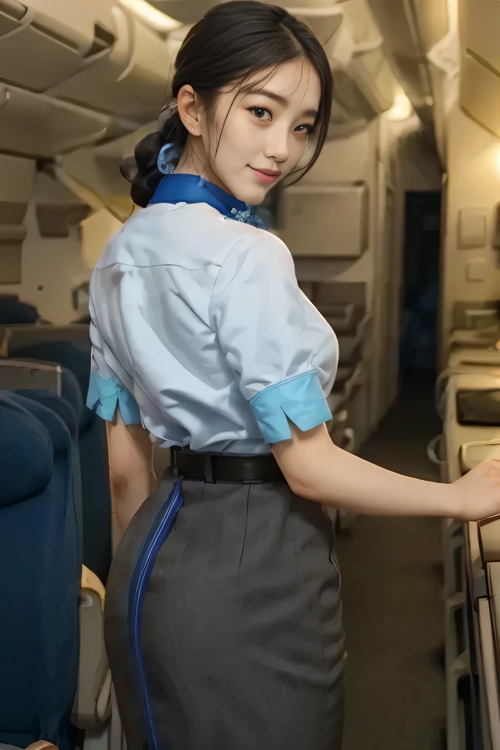 (masterpiece:1.2,  best quality:1.2), 32kHDR,  high definition, (Alone、  1 girl)、（ Rooftop of a building during the day 、 Professional Writing ）、 With the roof of a building in the background 、（ANA cabincrew uniform blueを着たリアルスタイル）、（（ANA cabincrew uniform blue blue short sleeve blouse 、ANA cabincrew uniform blue BLUE SKIRT WITH A BLUE LINE IN THE BACK、 Scarf around the neck ））、  lots of dark brown hair 、（Long Hair、Hair tied up、Hair tied up, Braid Summary Hair ）、  lots of dark brown hair 、Long Hit、Big Breasts、Thin legs、（（ amazing hands：2.0）），（（  Harmonious body proportions against the background of a building roof ：1.5）），（（Normal limbs：2.0）），（（Usually ：2.0）），（（  Delicate Eyes ：2.0）），（（Normal eyes：2.0））)、smile、（ANA cabincrew uniform blueを見せた美しい後ろ姿）、Hands crossed underneath 