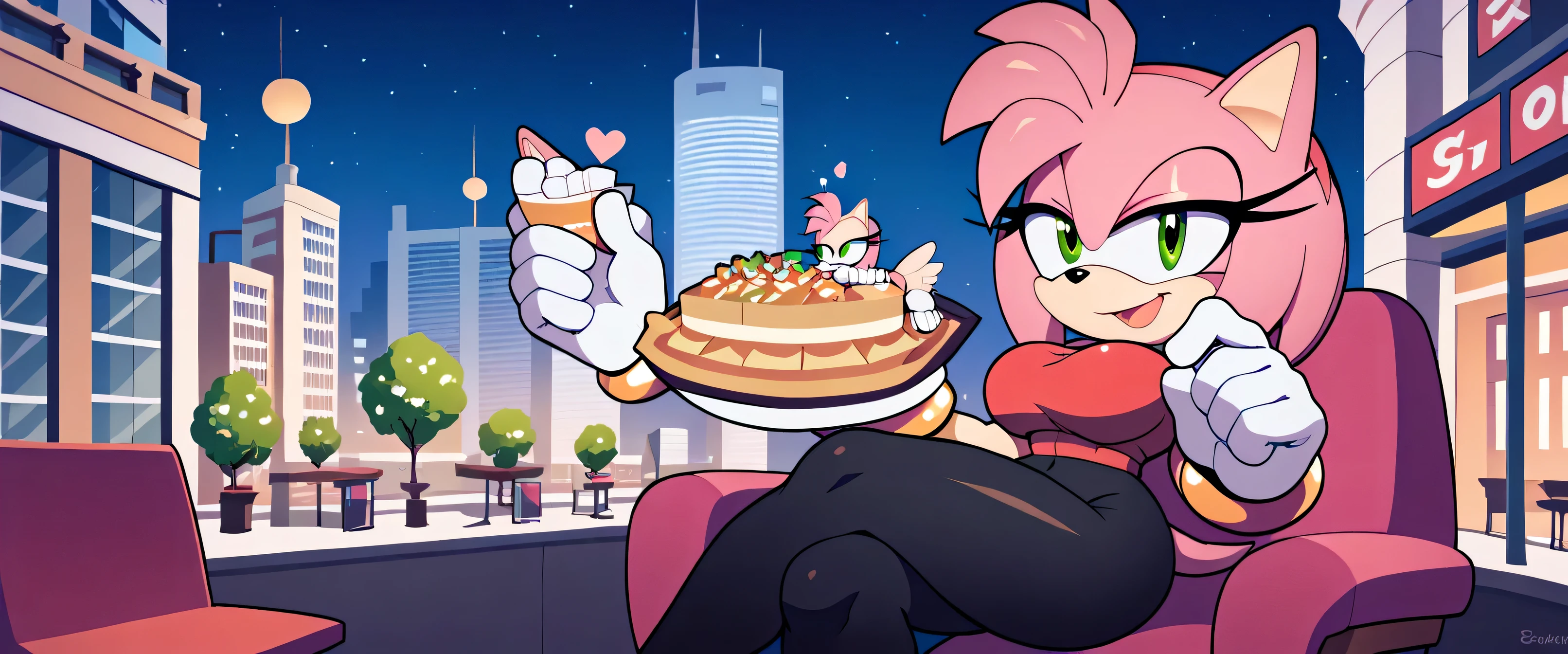 Amy rose , green eyes , big wings, big breasts ,  big thighs,small tail, sitting in a chair  ,city at night , Bright Buildings , flirty look, white gloves , Black leggings .