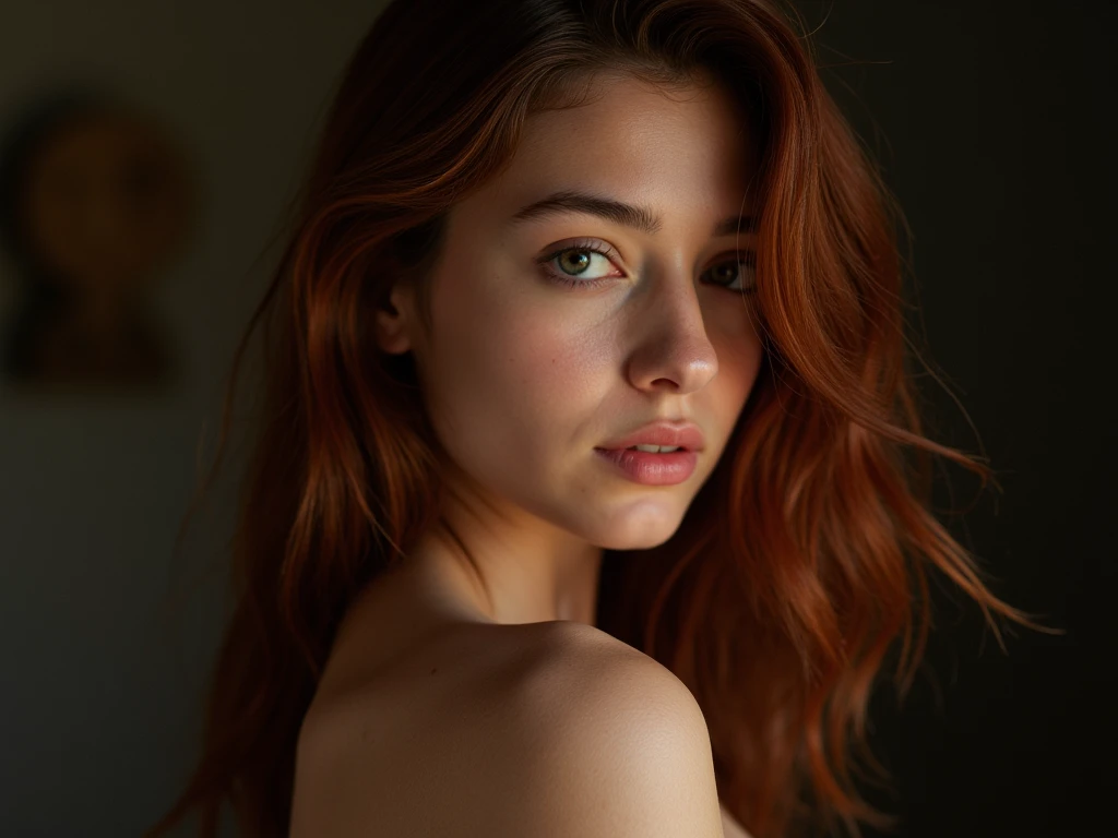 there is a woman with long hair and red hair, 18 anos, 1 8 anos, foto colorida, com olhos assombrados e cabelos cacheados, com cabelos ruivos cacheados, em torno de 1 9 anos, fotografia de baixa qualidade, foto colorida, Cor vermelha, pele vermelha brilhante, retrato colorido, with red haze, Foto de corpo inteiro, sexy