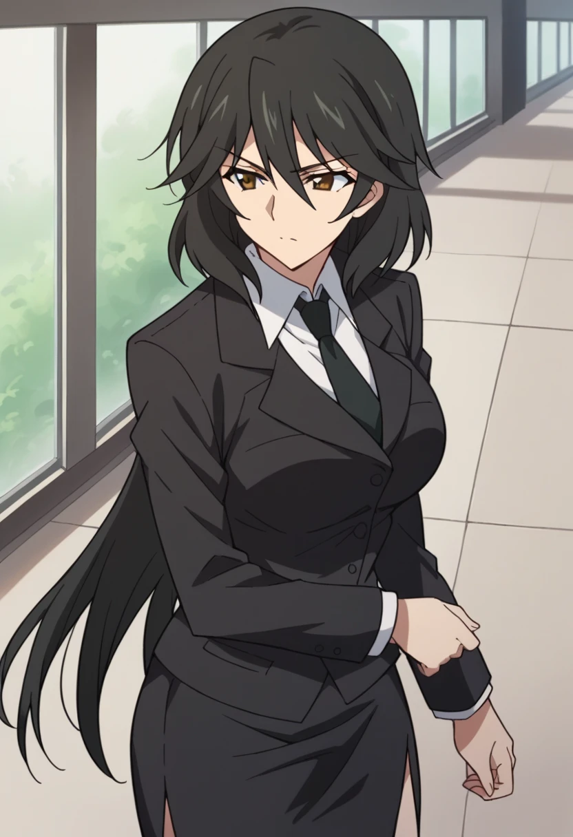 Orimura&#39;Pet, Long Hair, bangs,  black hair,  hair between eyes,  Brown Eyes ,
 skirt,  shirt,  Long Sleeve ,  jacket, white  shirt, tie, black  skirt, black  jacket, formal, suit, black tie, pencil  skirt,  skirt suit,Big Breasts　　wilderness　evening　Straight punch