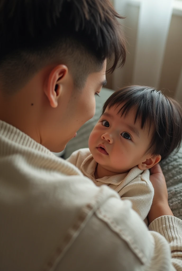 A father holding a sleeping little boy