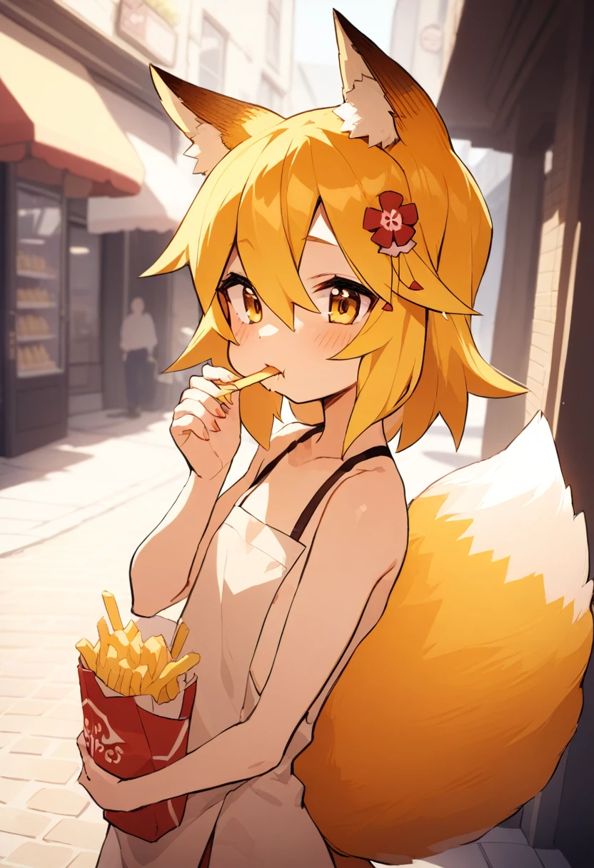 He is wearing a French fry outfit and eating French fries with gusto, with a French fry shop in the background.Cinematic angles, cinematic lighting, masterpiece, top quality
BREAK
sen, blonde hair, animal ears, fox ears, , animal ear hair, hair ornament, fox girl, hair flower, hair between the eyes, short hair, fox tail, tail, flat chest, yellow eyes, young girl,
