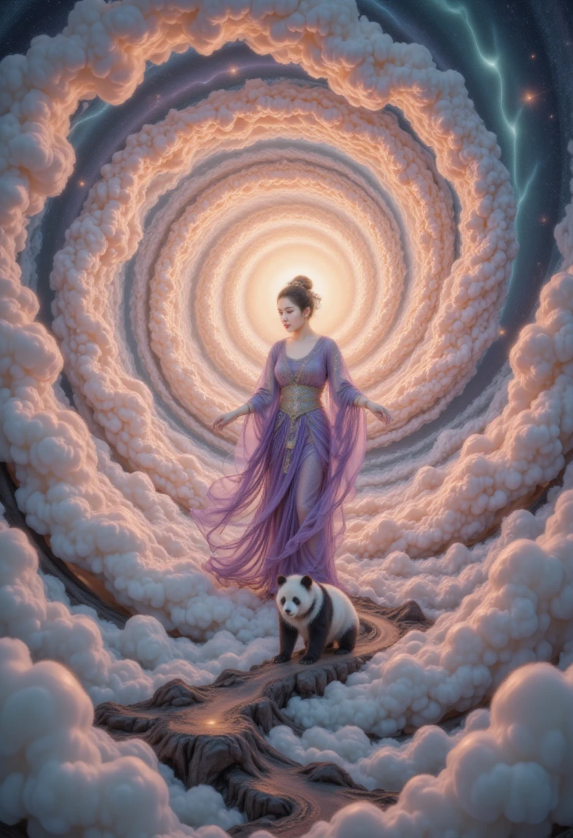 one lady， twilight ，Spiral Cloud，(Hyper-Reality:1.4)，Moon，(((girl)))，Inside the clouds ，(((( to the sea))))， the soul flies ,panda