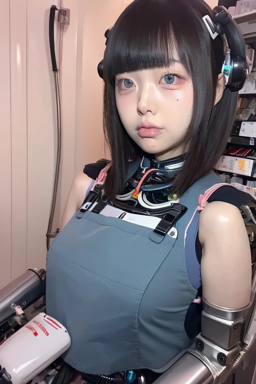 masterpiece, best quality, extremely detailed,portrait,front view,Japaese android girl,Plump,pastel color uniform, control panels,android,Droid,Mechanical Hand, Robot arms and legs,Blunt bangs,long tube,thick cable connected her neck