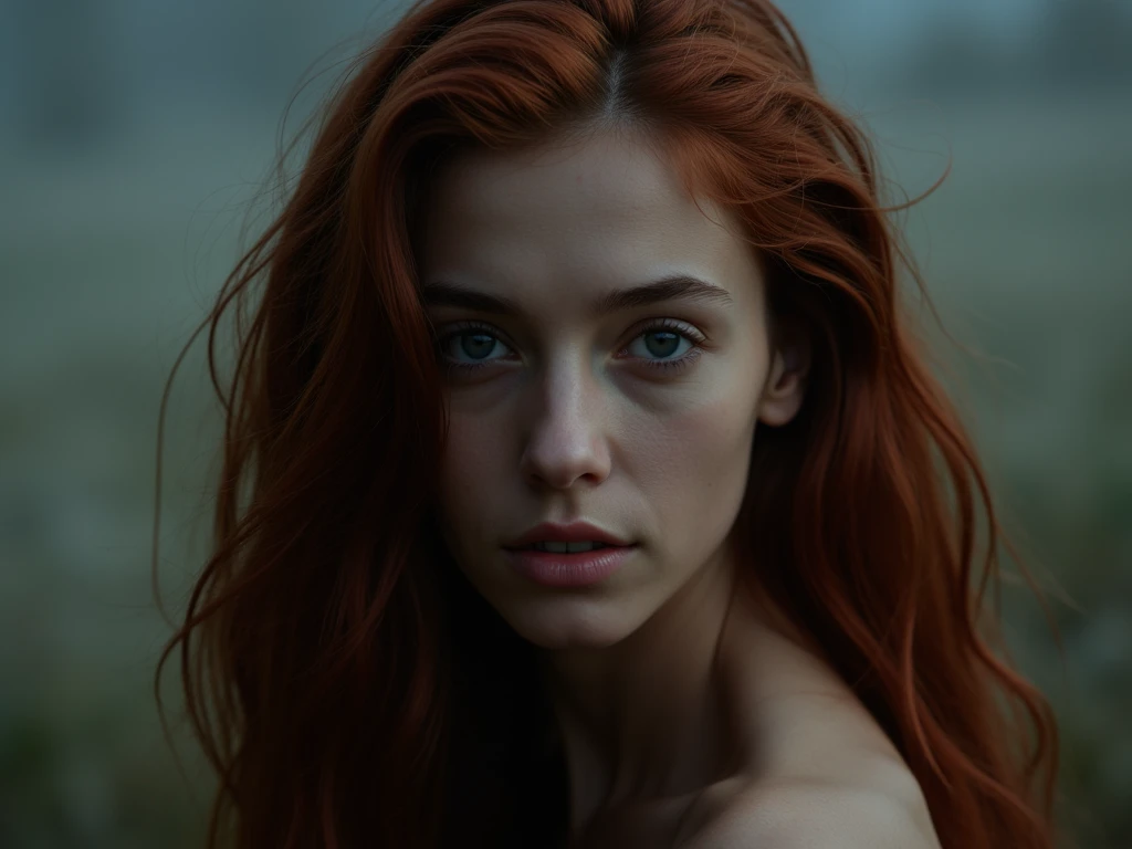 High detail RAW color closeup portrait of pale beautiful 20 years old woman ((nude)) (((Amused beautiful, redhead, slim) with angular face, feminine, large eyes)), ((wearing rags, damaged)) cape, realistic, symmetrical, highly detailed, harsh lighting, cinematic lighting, art by artgerm and greg rutkowski and alphonse mucha, serious eyes, contrast, textured skin, cold skin pores, hasselblad, 45 degree, hard light, gigapixel , feet visible, flawless face, freckles, perfect shaved vagina