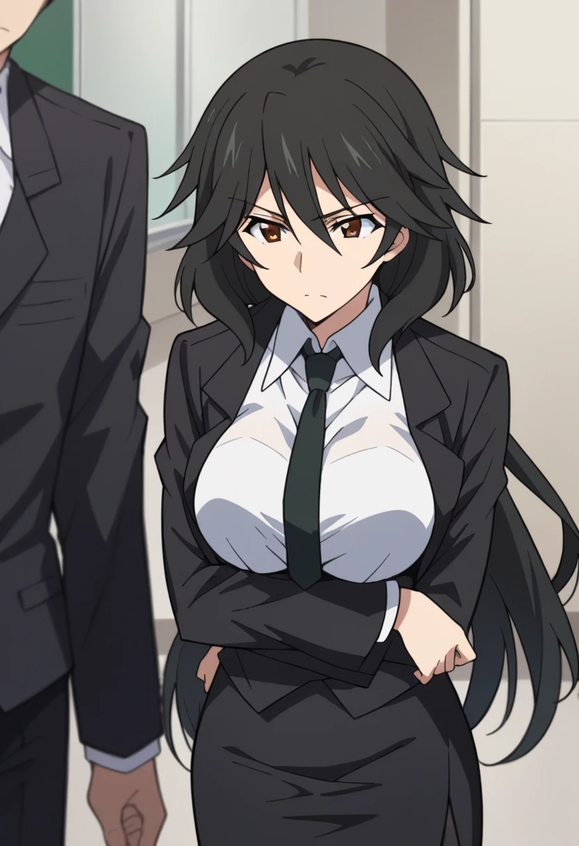 Orimura&#39;Pet, Long Hair, bangs,  black hair,  hair between eyes,  Brown Eyes ,
 skirt,  shirt,  Long Sleeve ,  jacket, white  shirt, tie, black  skirt, black  jacket, formal, suit, black tie, pencil  skirt,  skirt suit,Big Breasts　　wilderness　evening　Hit a man