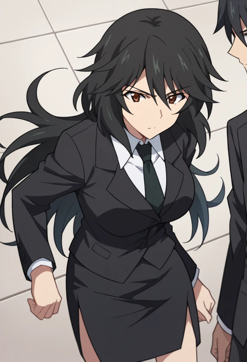 Orimura&#39;Pet, Long Hair, bangs,  black hair,  hair between eyes,  Brown Eyes ,
 skirt,  shirt,  Long Sleeve ,  jacket, white  shirt, tie, black  skirt, black  jacket, formal, suit, black tie, pencil  skirt,  skirt suit,Big Breasts　　wilderness　evening　Hit a man