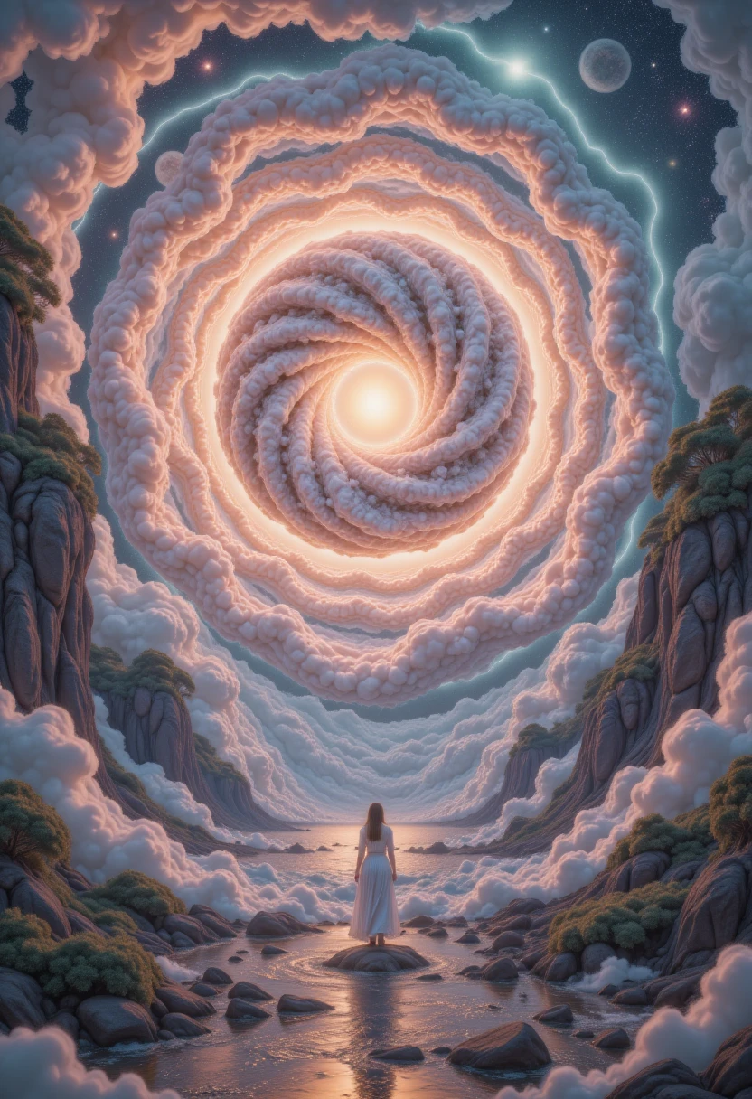 one lady， twilight ，Spiral Cloud，(Hyper-Reality:1.4)， A pair of highly detailed, Beautifully rendered painting of a donut-shaped planet, Hyperrealism, Realistic photos,  8k resolution , Intricate details,  bright colors ,  dramatic lighting, Celestial Background,  Fascinating Atmosphere , Floating Island, Dense forest, A winding river, Tranquil ocean,  Explore nature  , Dynamic Cloud,  Awesome Scale ,  Cinematic Composition ,  digital art,  conceptual art 