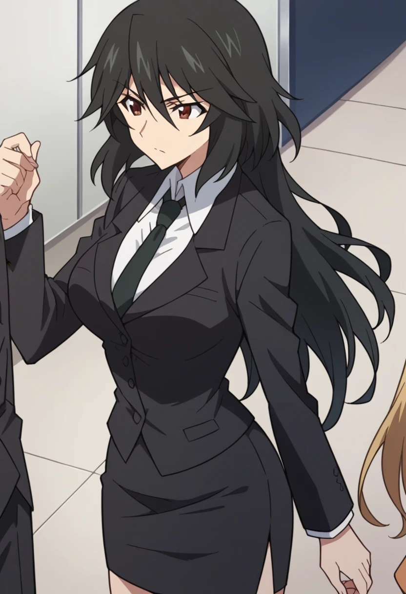 Orimura&#39;Pet, Long Hair, bangs,  black hair,  hair between eyes,  Brown Eyes ,
 skirt,  shirt,  Long Sleeve ,  jacket, white  shirt, tie, black  skirt, black  jacket, formal, suit, black tie, pencil  skirt,  skirt suit,Big Breasts　　wilderness　evening　Hit a man