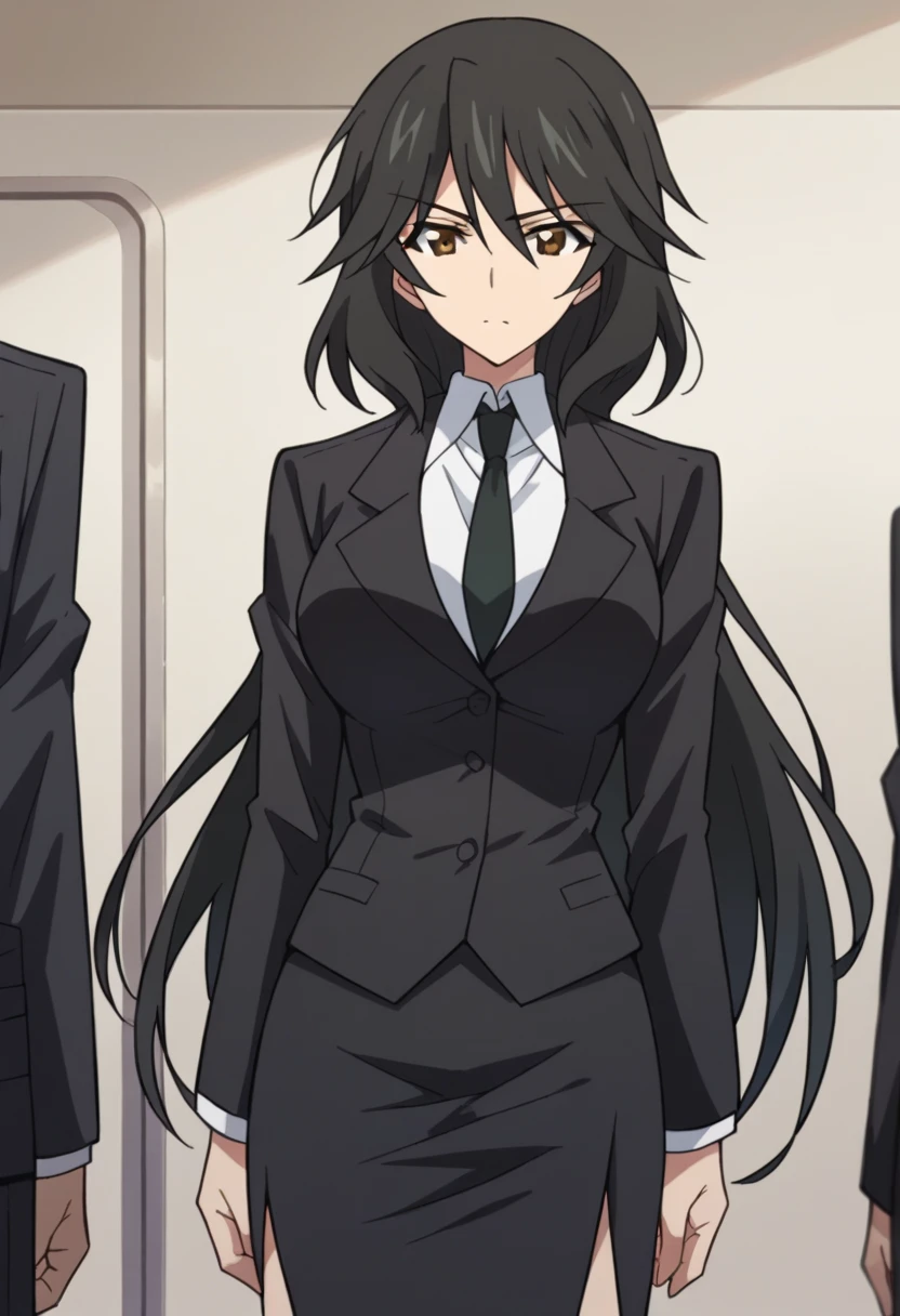 Orimura&#39;Pet, Long Hair, bangs,  black hair,  hair between eyes,  Brown Eyes ,
 skirt,  shirt,  Long Sleeve ,  jacket, white  shirt, tie, black  skirt, black  jacket, formal, suit, black tie, pencil  skirt,  skirt suit,Big Breasts　　wilderness　evening　Hit a man