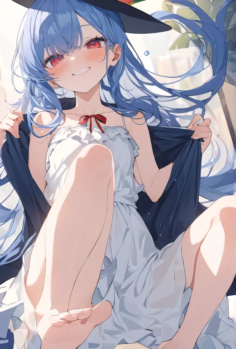 masterpiece，  High Quality ，  Best Quality ，  Official Art  ，Beautiful and picky，  Very Detailed  （ Split Art 1   .2），rich colors，Most detailed，  a girl， No Emotion，  Dark blue long hair    ，long bangs，  with bright red eyes  ，pale albinism，barefoot，  wears a white summer dress  ，  wearing an ill-fitting coat，Wearing a wizard hat  ，blush,  double tail,   Blue Hair  /watercolor hair,   The following bunny    ，  Watch the audience , Face cut  ,ribbon, Shut up, Smile,  Ultra HD,  Very Detailed ,  high detail , 