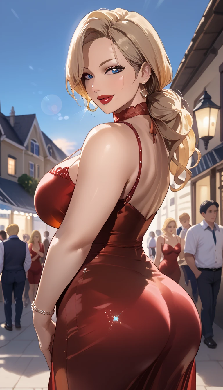 masterpiece, best quality, cinematic, volumetric lighting, very detailed, high resolution, mlfpchs, blonde hair, blue eyes, milf, 1women, height: 183cm, weight: 82kg, age: 40, 1 mature woman, smile, waist up, from behind, blonde hair, facing viewer, blue eyes:1.3, closed mouth,( red dress:1.3), mini skirt, outdoors, background simple, big lips, red lips,