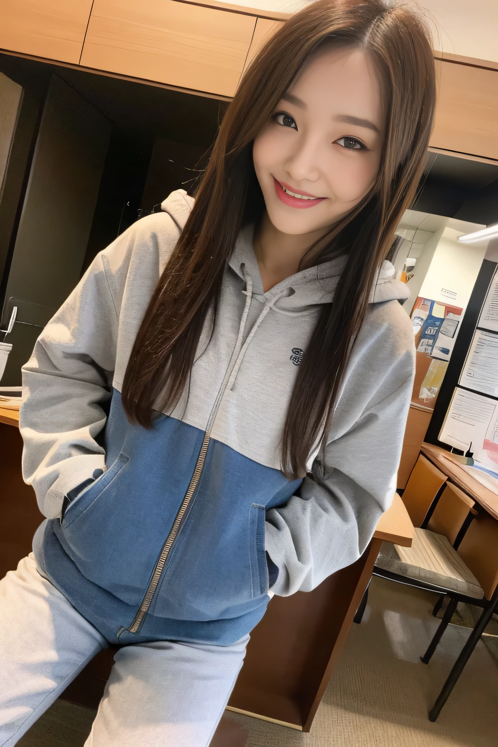 Korean high school girl, opened shoulder, gray hoodie, shy, brown hair and brown eyes, standing, very short navy blue skirt, cute, attractiveness, Suspension, stockings, bag, cute V sign, slightly provocative clothes, Slightly reddened cheeks, shy smile, white slippers, Small paws, blemish-free skin,soft lips necklace, pretty ring, Slightly exposed  and wrists, fitting room