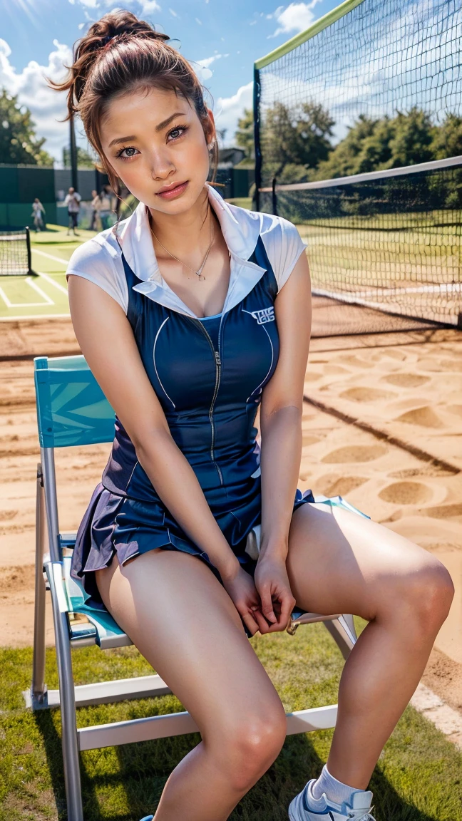 beautiful detailed eyes, beautiful detailed lips, extremely detailed eyes and face, long eyelashes, 1 girl, 18 years old, healthy thighs, beautiful legs, beautiful skin, random hair color, random hairstyle, large breasts, female tennis player, (tennis outfit:1.3), full body shot, shoes, (best quality,8k,ultra-detailed,masterpiece:1.3),realistic,photorealistic,photo-realistic:1.37,ultra-fine painting,vivid colors,physically-based rendering,professional