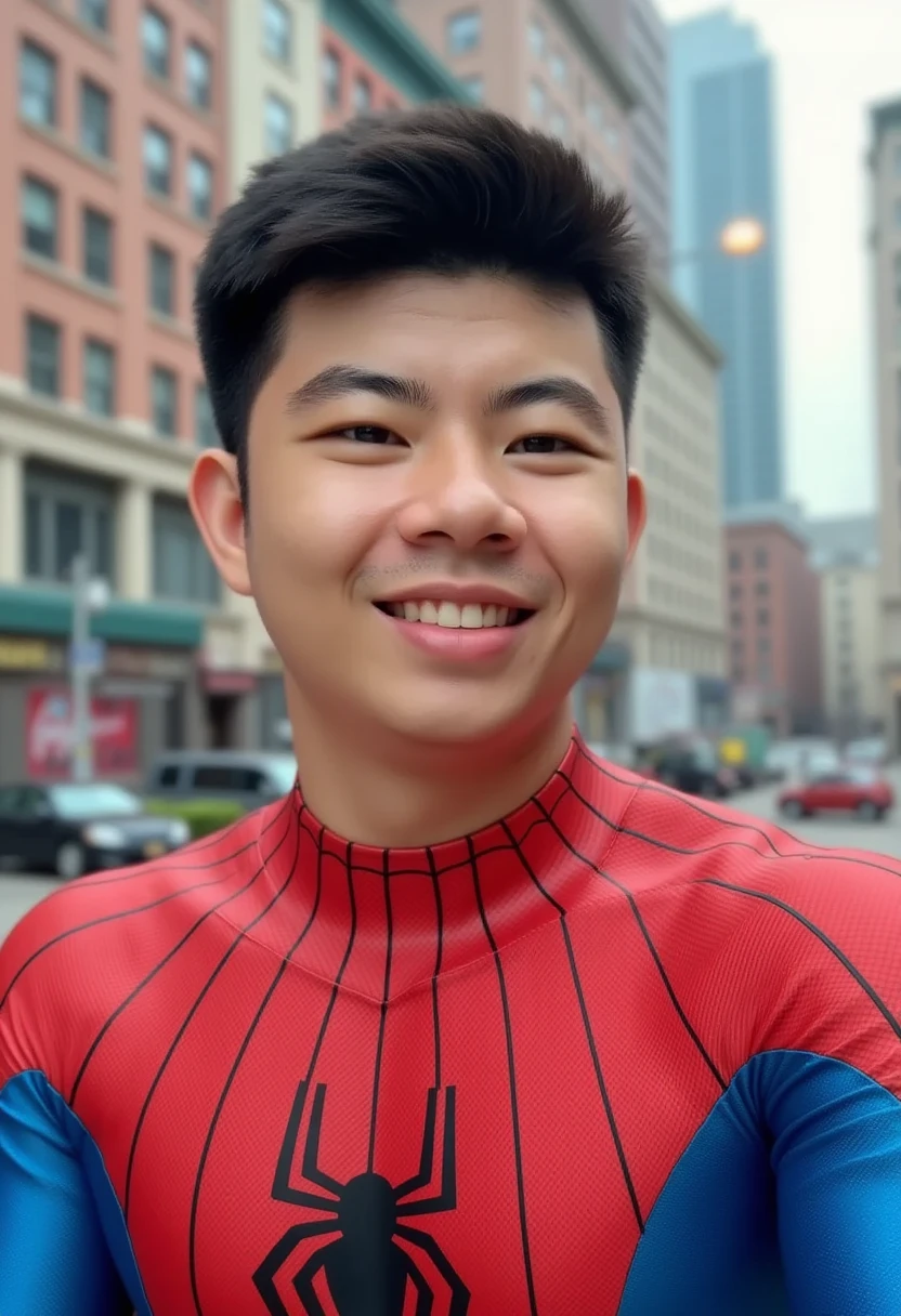 A realistic portrait of an Asian Peter Parker smiling warmly, wearing a classic red and blue Spider-Man suit, styled with vibrant and dynamic details reminiscent of Artgerm's works. The background features New York City with a soft blur effect, emphasizing a cinematic depth. The image is captured in the nostalgic tones of Kodak Gold 200 film, enhancing the warmth and realism of the scene. Peter's face exudes charm and intelligence, with expressive eyes and a confident yet approachable demeanor.