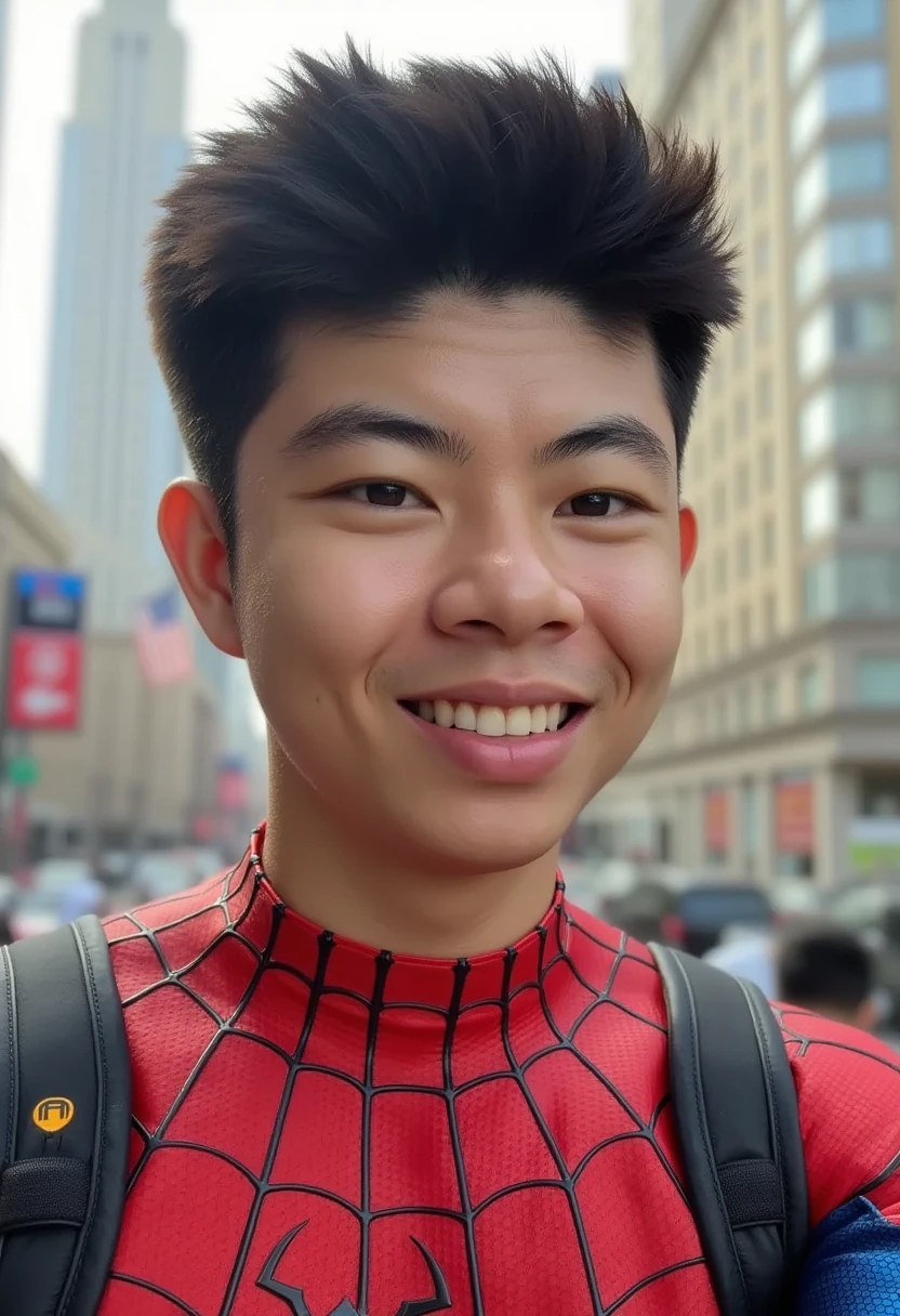 A realistic portrait of an Asian Peter Parker smiling warmly, wearing a classic red and blue Spider-Man suit, styled with vibrant and dynamic details reminiscent of Artgerm's works. The background features New York City with a soft blur effect, emphasizing a cinematic depth. The image is captured in the nostalgic tones of Kodak Gold 200 film, enhancing the warmth and realism of the scene. Peter's face exudes charm and intelligence, with expressive eyes and a confident yet approachable demeanor.