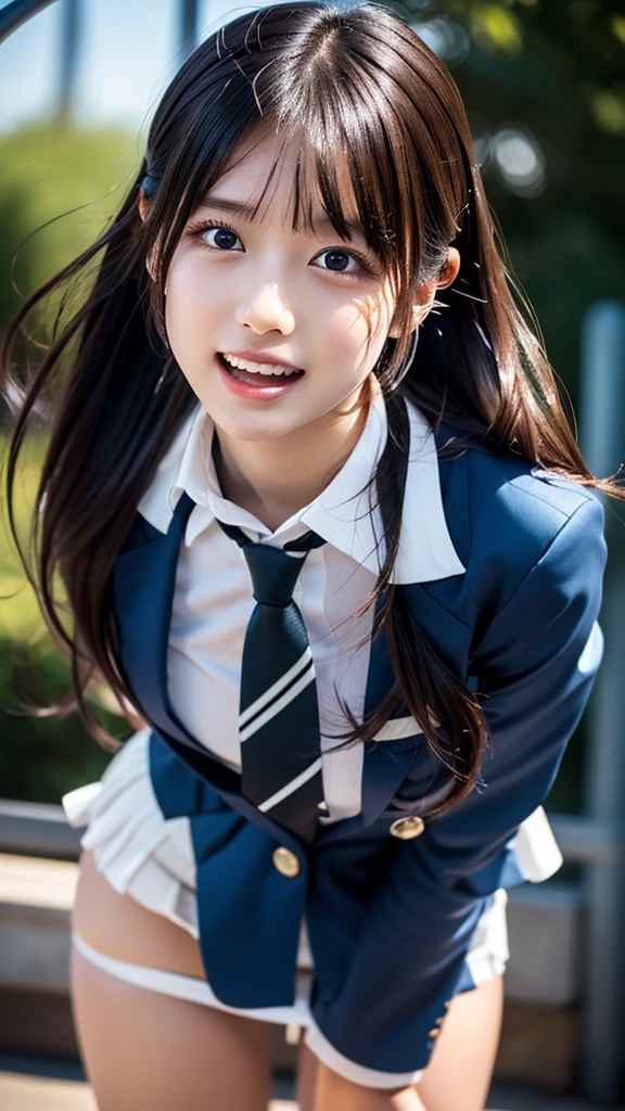 ((masterpiece,  best quality,  high definition ,  Ultra High Definition)),  Japanese High School Girls,(Realistic:1.4)、Excited、Embarrassed、 Amazing Face 、Pointed Mouth、 close your mouth、Glossy Lips 、 twin tails,(Beautiful Hair:1.5)、 high school uniform ,(Black blazer,tie, white dress shirt,plaid very short miniskirt)、At the amusement park、Looking straight ahead、 angle from the front grasping an eel,  textured skin ,  High Leg Cut ,  high definition のRAWカラー写真,  professional photo shoot, Light, BackLight, Impressive,  written boundary depth, ( face close-up:1.4)