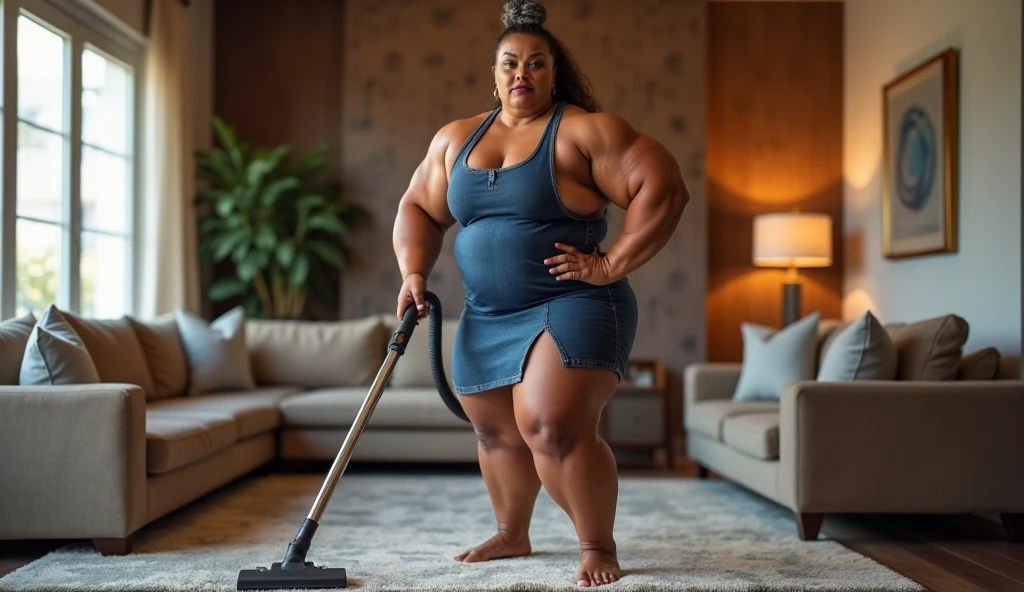 58-year-old mature woman, extraordinarily muscular and colossal, massive arms with rounded biceps and defined triceps, broad rounded shoulders, powerful traps, thick neck, developed pecs, sculpted eight-pack abs, gigantic legs with protruding quads, firm glutes, and marked calves, tanned skin with visible muscles; face with well-defined jawline, high cheekbones, expression lines, piercing gray eyes with long lashes, full wine-red lips, dark brown hair with silver streaks in a high bun; wearing a tight sleeveless denim dress with a bottom slit; in a modern living room vacuuming a luxurious carpet, flexing one arm, with warm natural light.